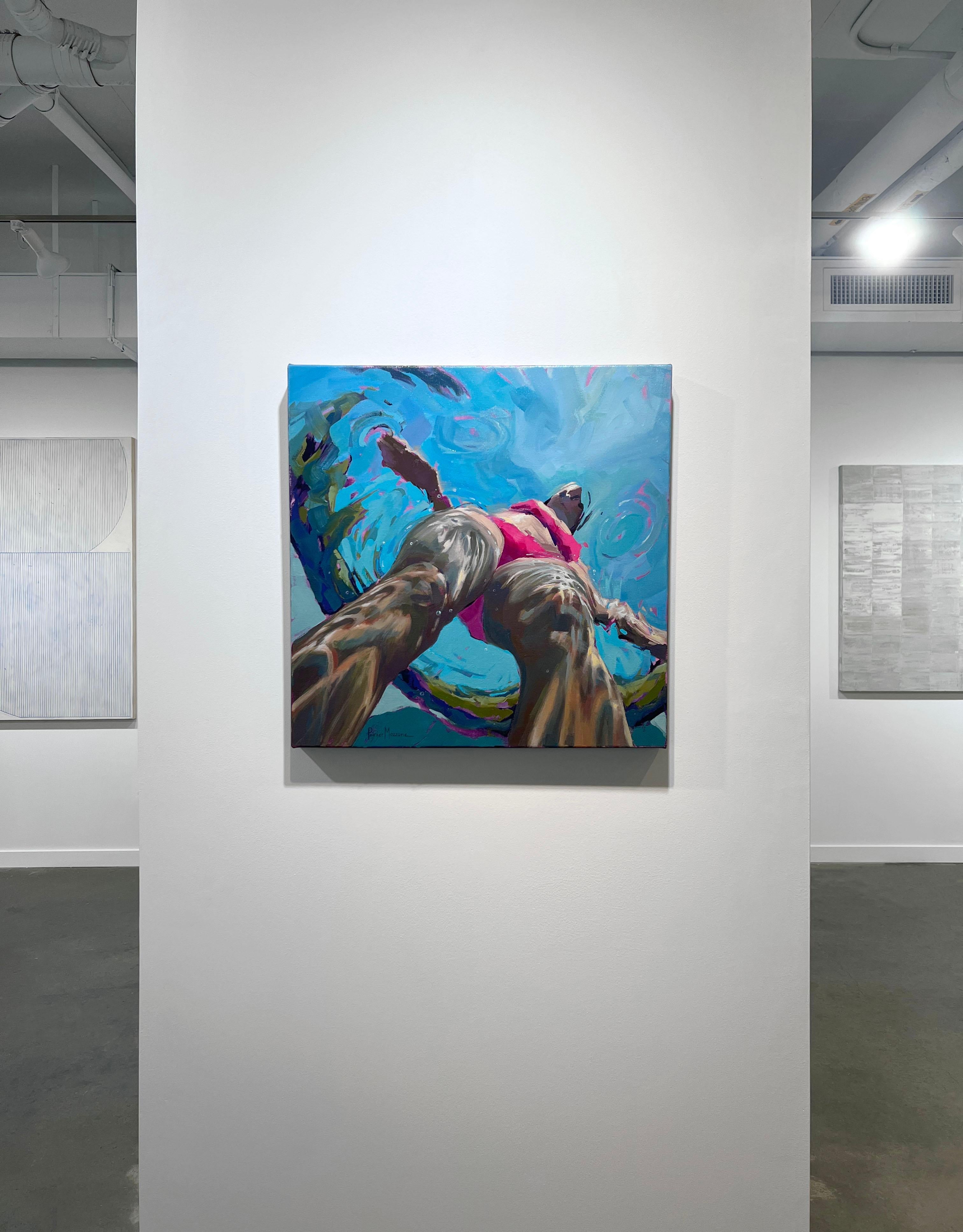 Cette peinture figurative abstraite de Michele Poirier-Mozzone présente une palette de bleu vif avec un accent rose contrastant. L'artiste capture la vue d'une fille en maillot de bain rose depuis un point de vue situé sous l'eau dans laquelle elle