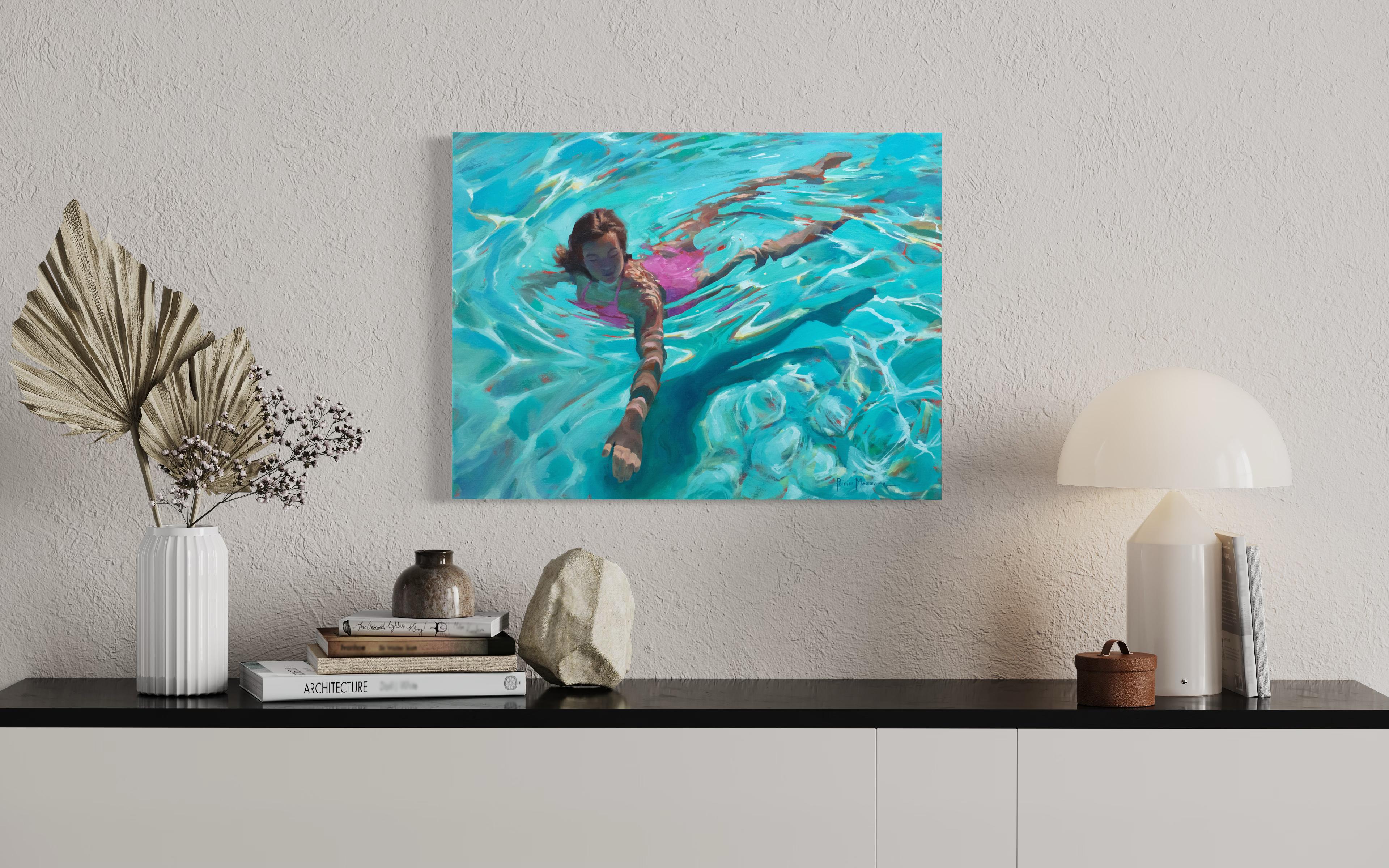 This figure painting by Michele Poirier-Mozzone is made with oil on canvas. It features a bright blue palette with warm accents. The artist captures a view of a girl in a pink bathing suit from a viewpoint above the water in which she swims, with