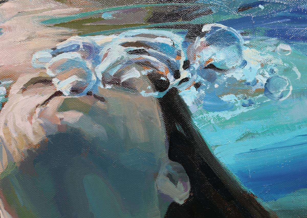 This figural painting by Michele Poirier-Mozzone features a cool palette and captures a girl wearing a white bikini swimsuit swimming upward toward the surface of water. She blows bubbles at the surface and her hands create foamy white ripples as