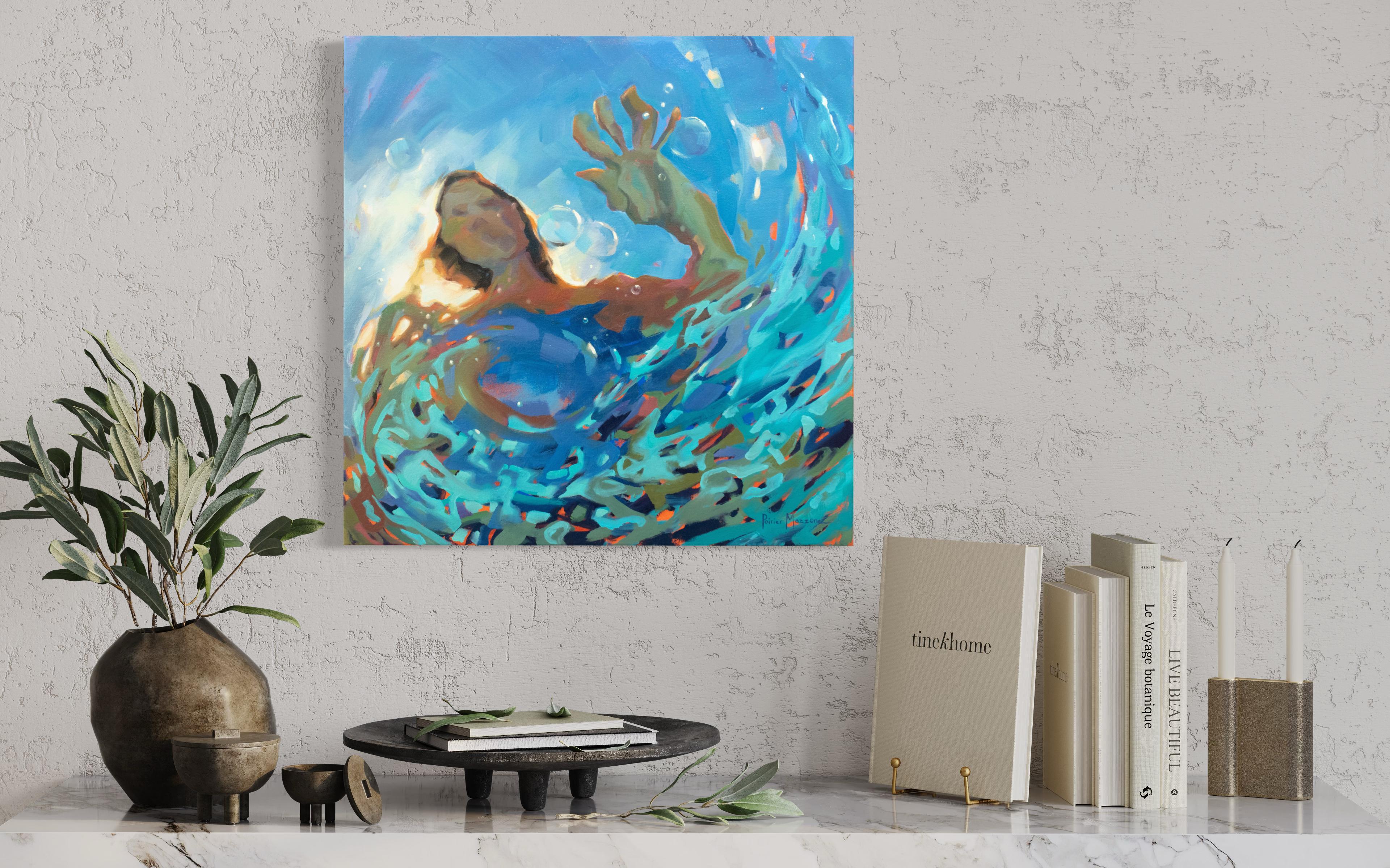 This abstracted figure painting by Michele Poirier-Mozzone features a bright blue palette. The artist captures a view of a figure from a viewpoint beneath the water surface of the water in which they stand, with an emphasis on the way in which the