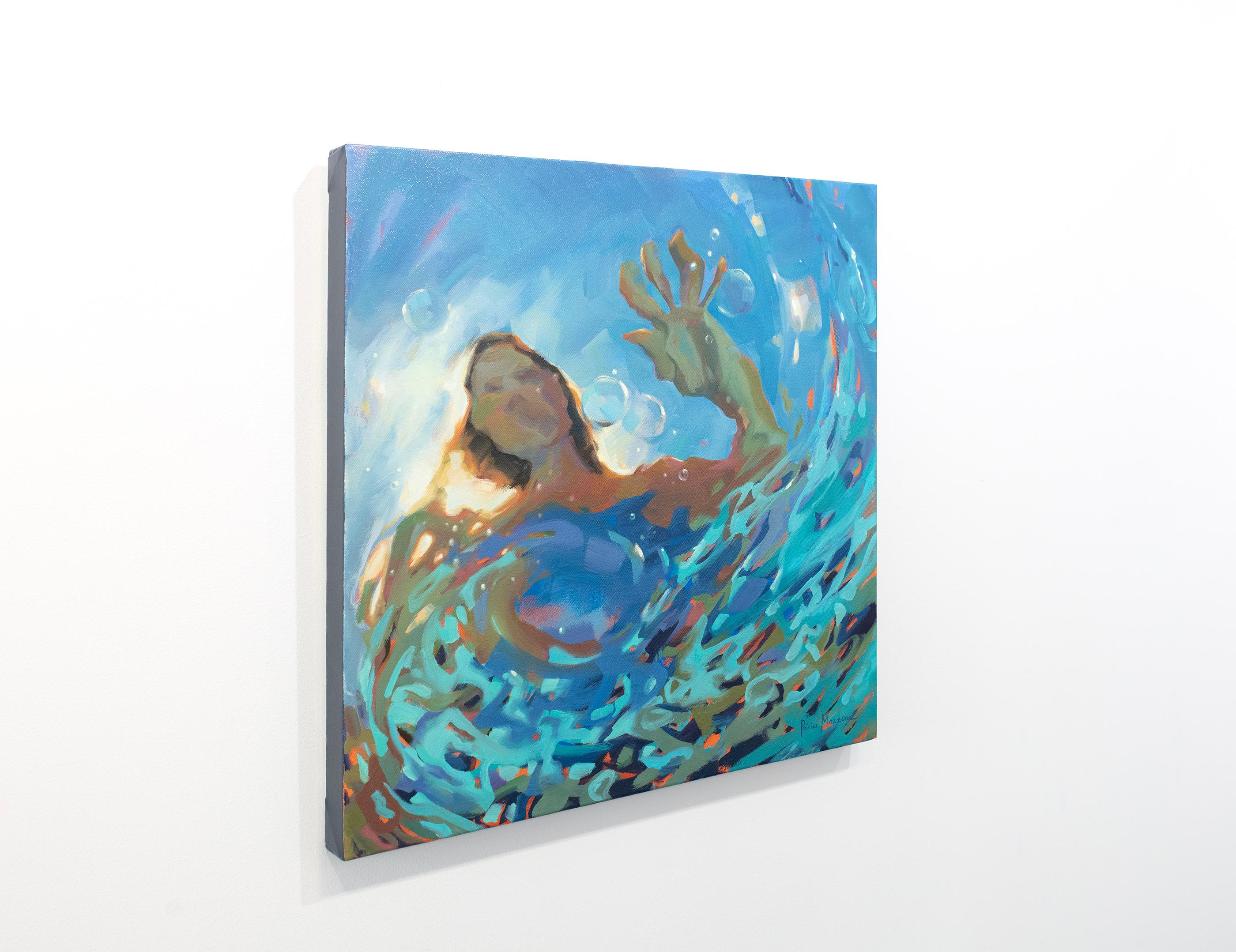 Cette peinture abstraite de Michele Poirier-Mozzone présente une palette de bleus vifs. L'artiste capture une vue d'un personnage depuis un point de vue situé sous la surface de l'eau dans laquelle il se trouve, en mettant l'accent sur la manière