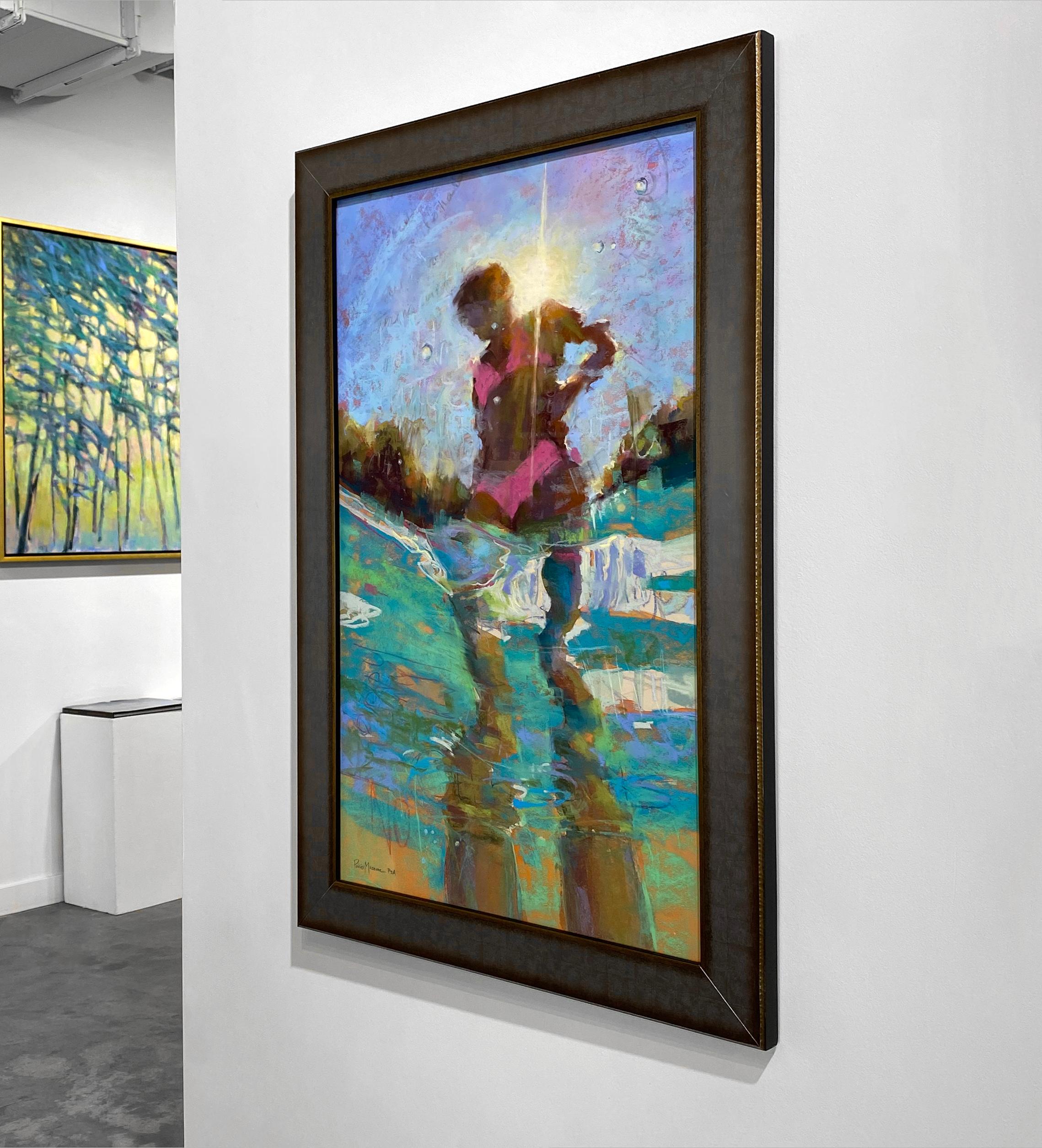 This abstract under water piece by Michele Poirier-Mozzone is captured from an angle at surface of water, looking up at a woman wearing a neon pink bikini bathing suit. The artist depicts the water using shapes and lines of bright green, blue,