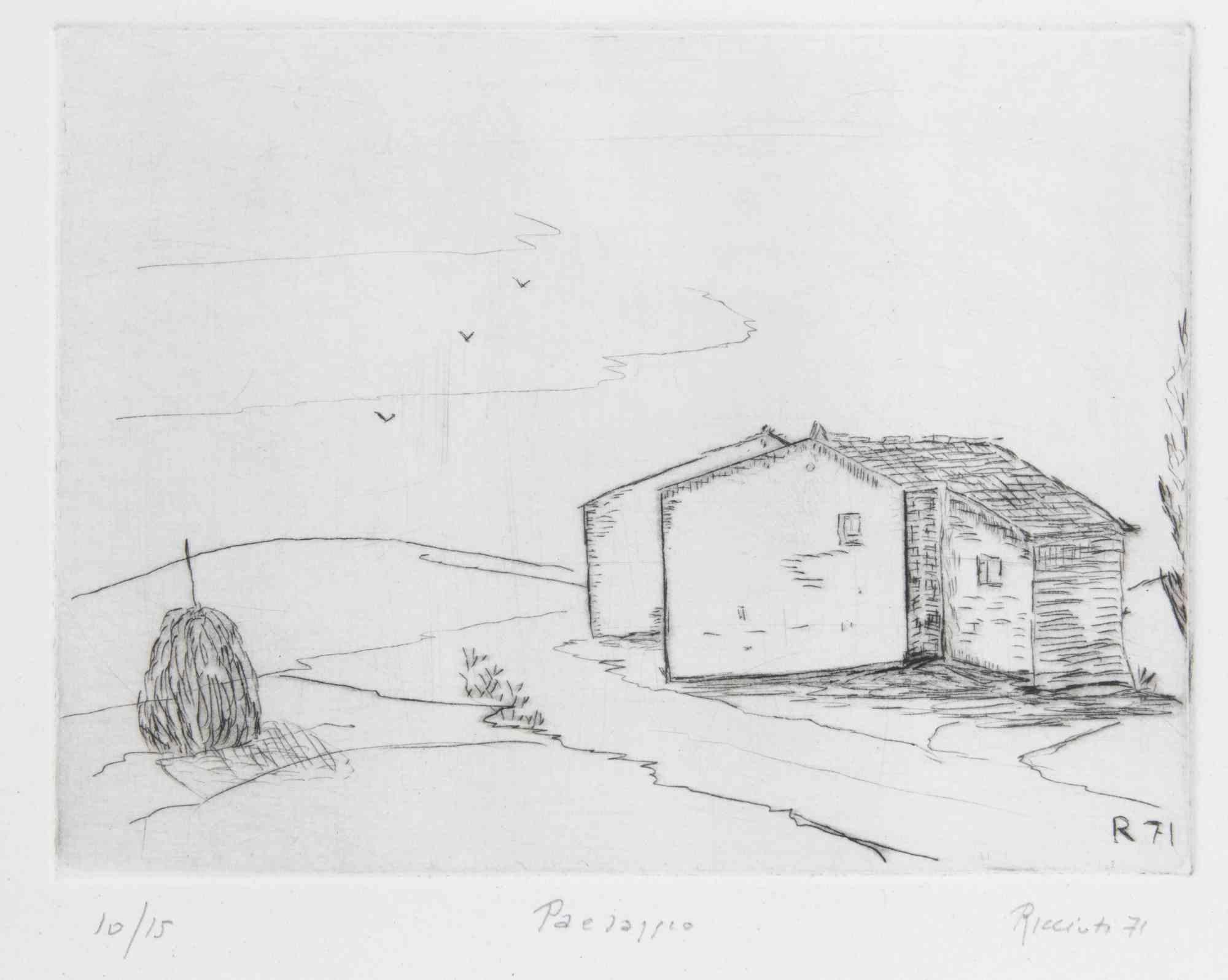 Landscape is a modern artwork realized by Michele Ricciuti in 1971.

Black and white etching

Hand signed, numbered, titled and dated on the lower margin.

Edition of 10/15

Includes frame
