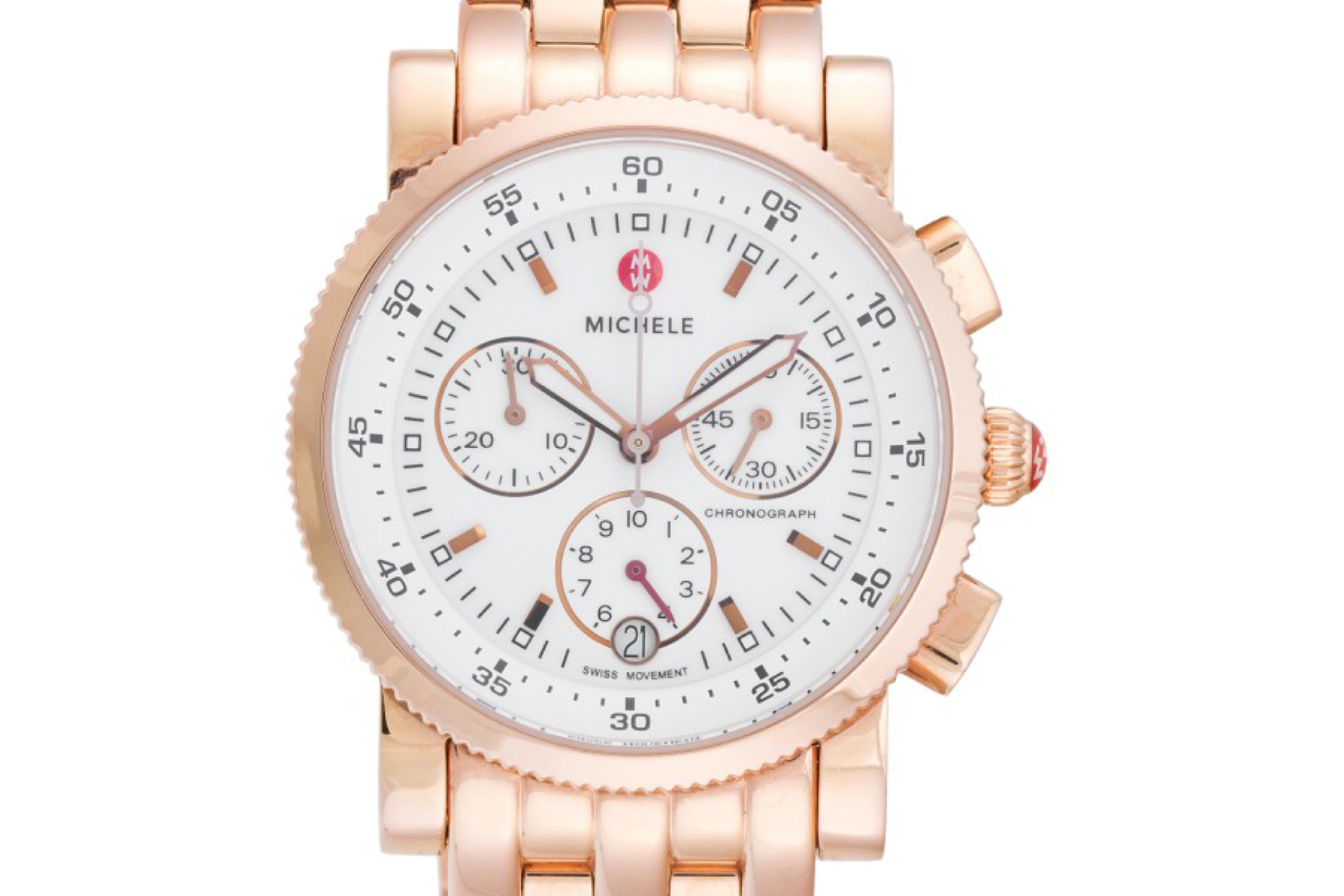 This gorgeous watch is powered by a Swiss Quartz movement encased in a rose gold plated stainless-steel body. The clasp of the watch utilizes a dual pushbutton deployment clasp for secure opening and closing. The round watch face is covered in