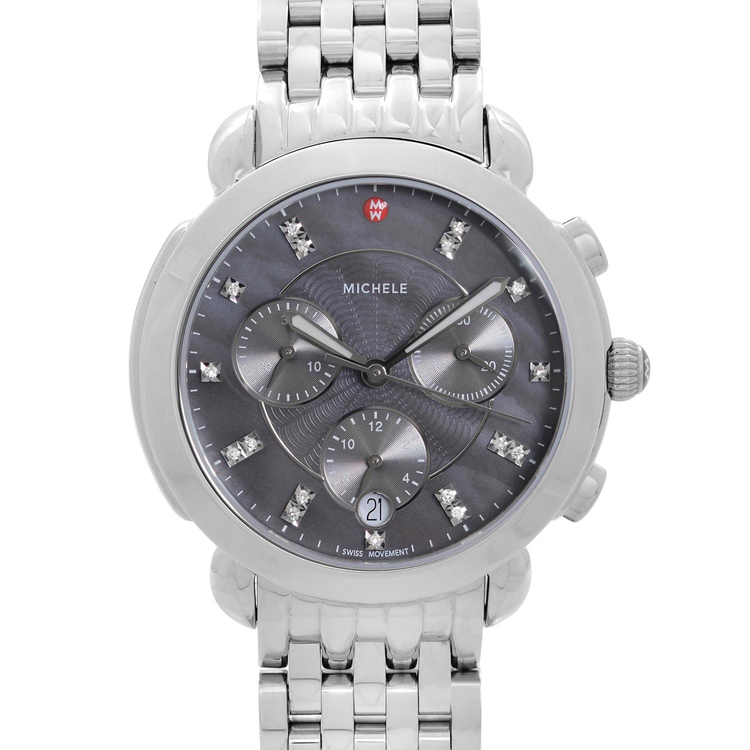Store Display Model. Michele Sidney 36 Chronograph Steel Grey Diamond Dial Ladies Watch MWW30A000027 is This Beautiful Timepiece Features: Stainless Steel Case and Bracelet, Quartz Movement. Gray Dial With 3 different Sub-Dials. 30 Minute Sub-Dial