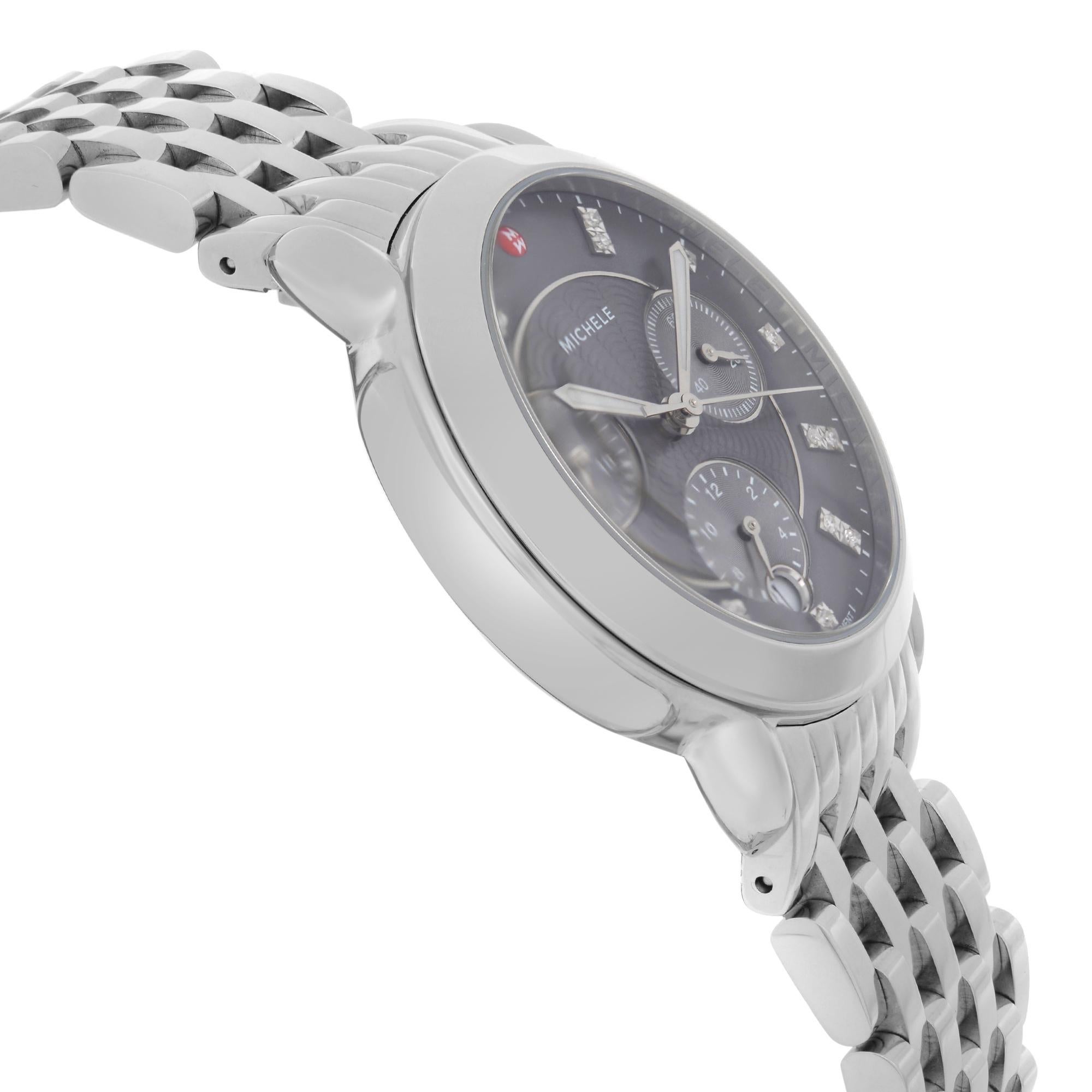 Michele Sidney Montre chronographe pour femme en acier avec cadran en diamant gris MWW30A000027 Excellent état - En vente à New York, NY