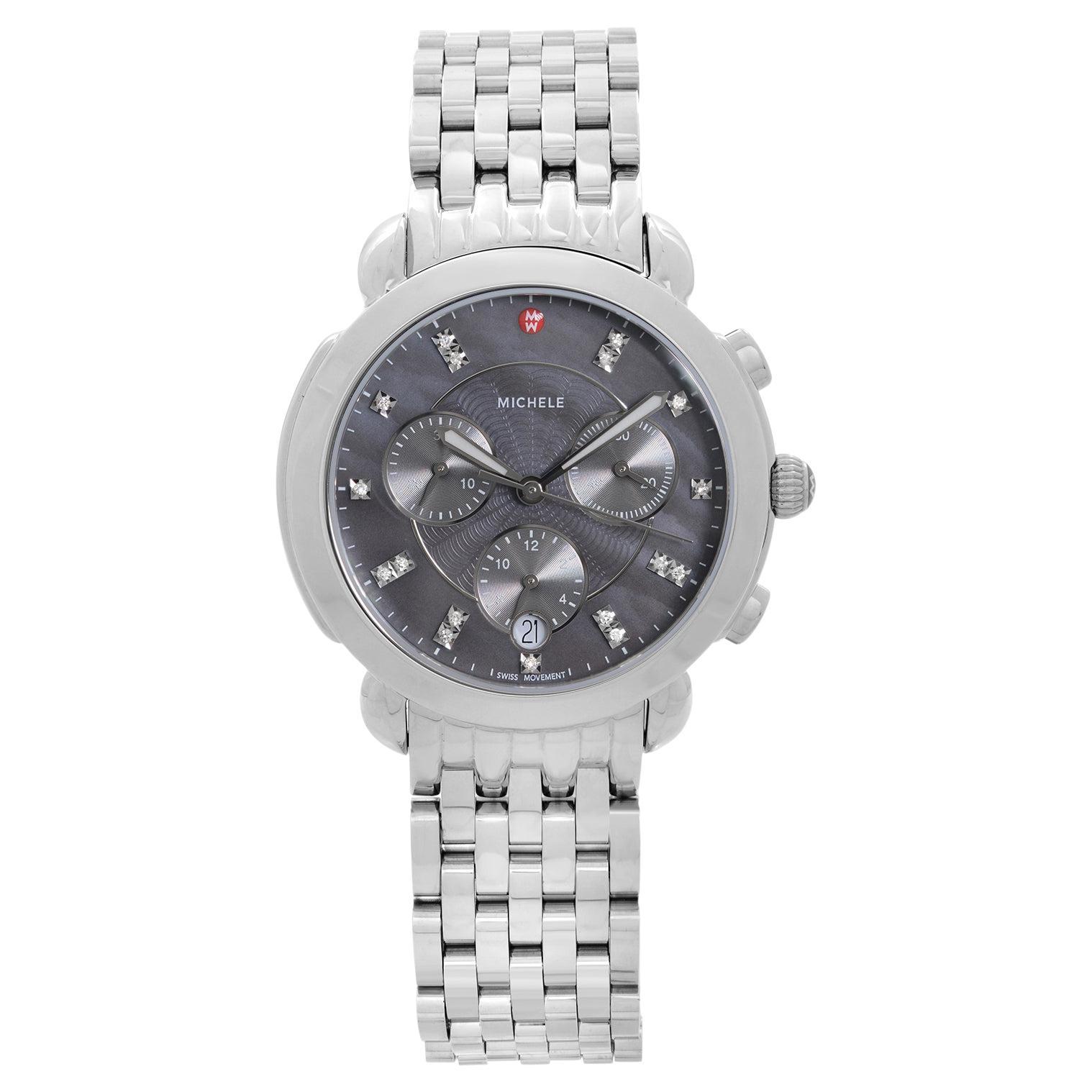 Michele Sidney Montre chronographe pour femme en acier avec cadran en diamant gris MWW30A000027 en vente