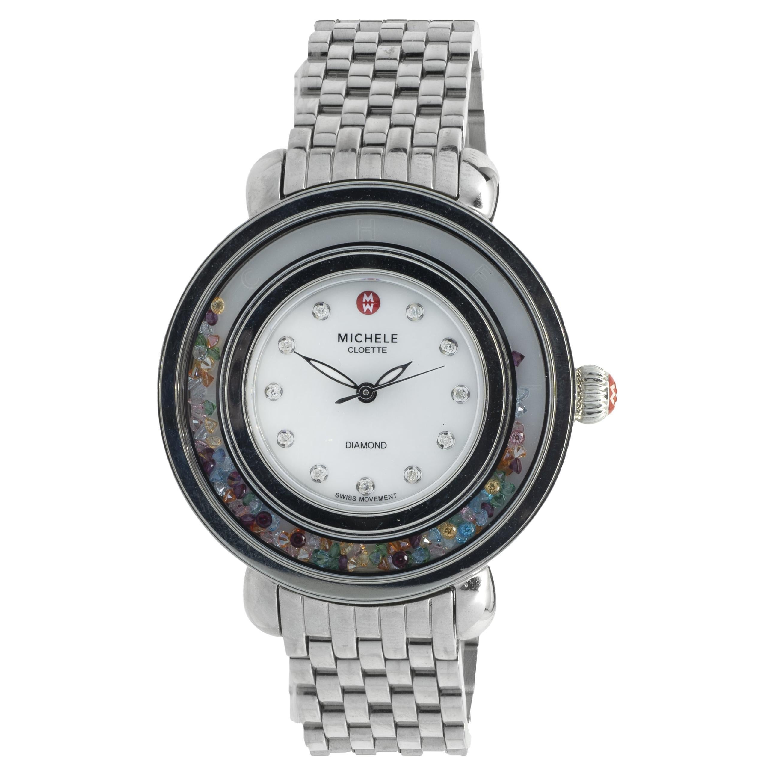 Michele Stainless Steel Cloette Carnival Diamond Floating Topaz Mother of Pearl
