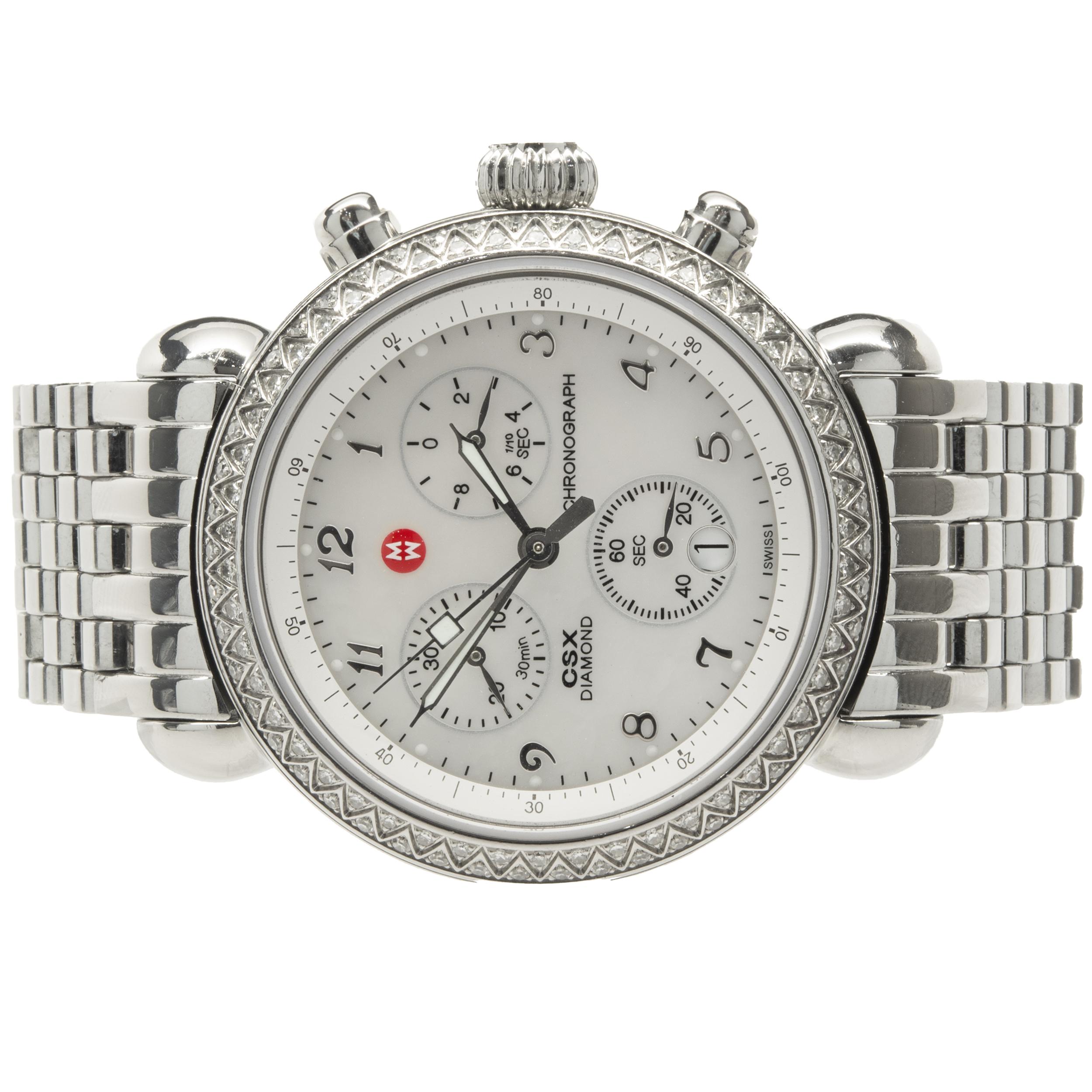 Movement: quartz
Function: hours, minutes, seconds, date, chronograph
Case: 36mm stainless round case, diamond bezel, sapphire crystal
Dial: diamond mother of pearl dial  
Band: stainless steel mesh bracelet
Serial #: G2194XXX
Reference #: