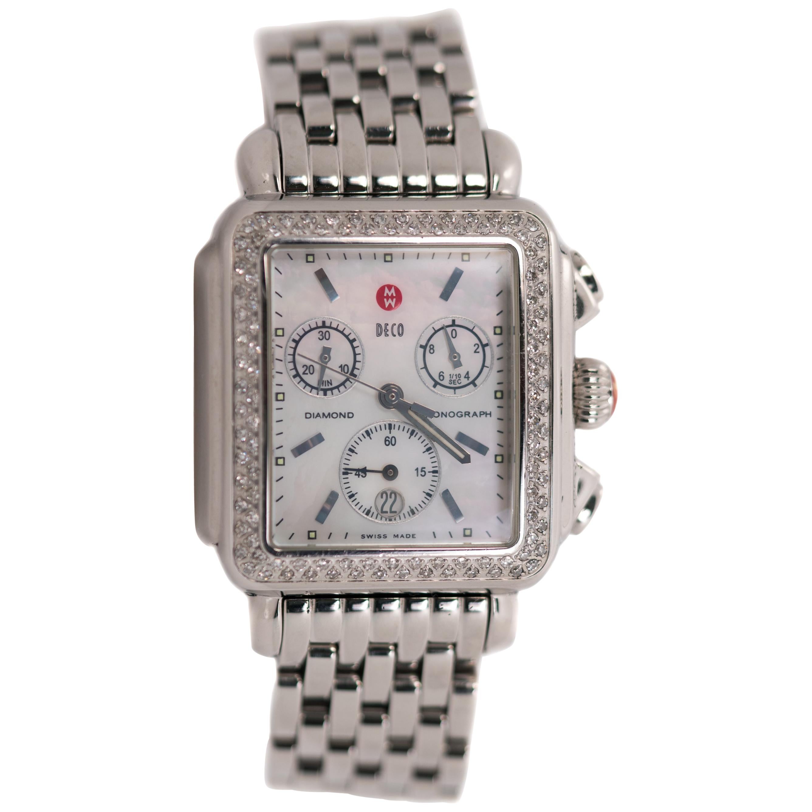Michele Stainless Steel Deco Diamond Wrist Watch