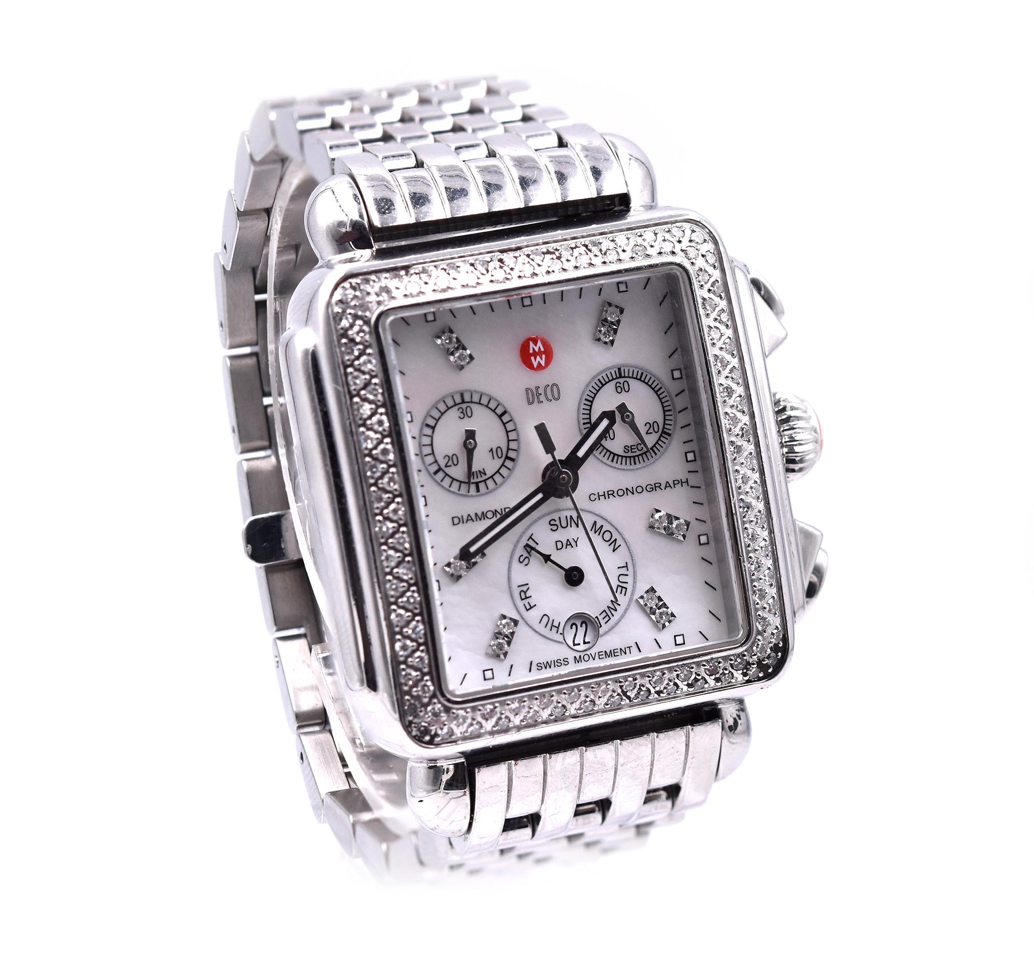 Movement: quartz
Function: hours, minutes, seconds, chronograph
Case: 33 X 35mm stainless steel square diamond case, sapphire crystal
Dial: white mother of pearl chrono dial, diamond markers 
Band: stainless steel link bracelet
Serial #: