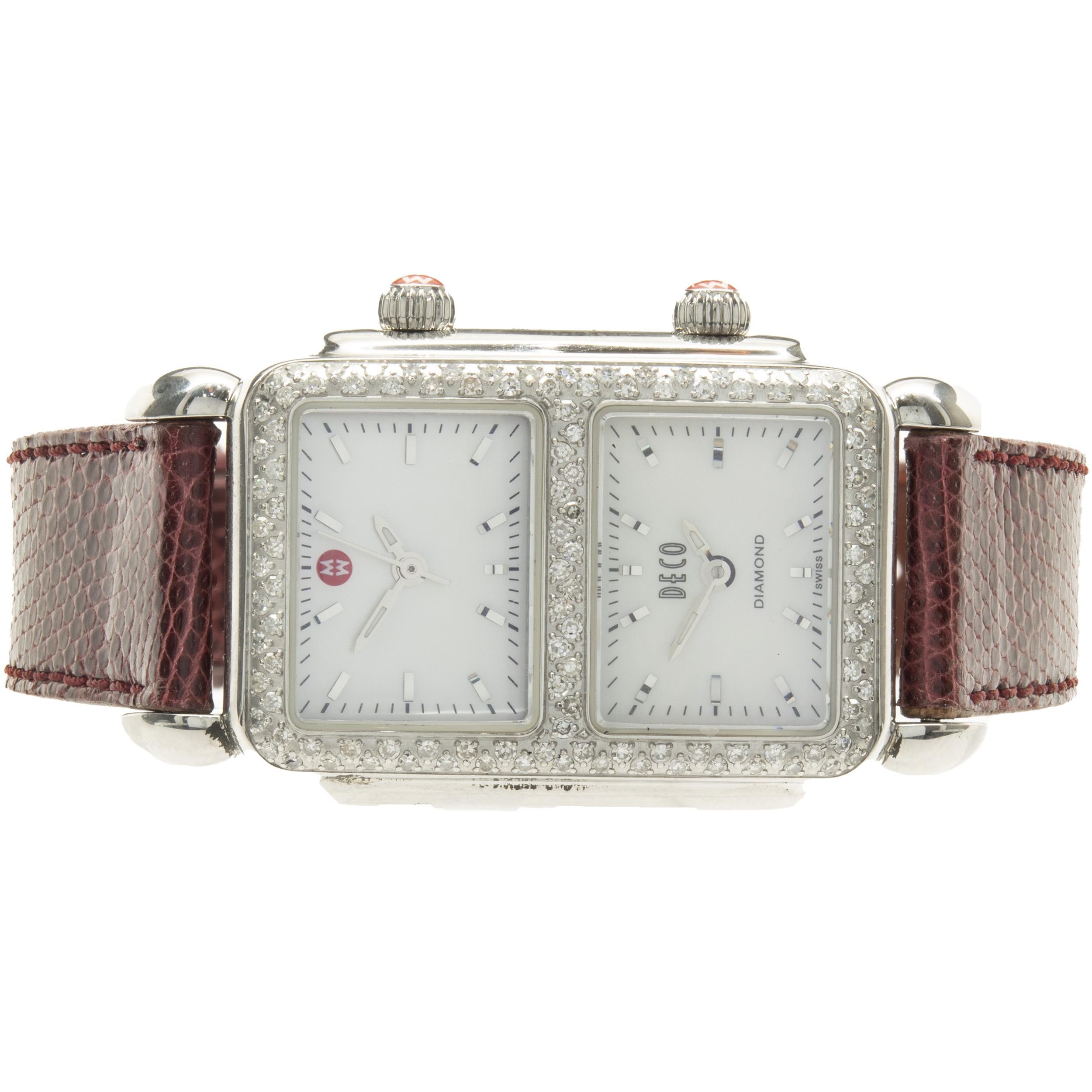 Movement: quartz
Function: hours, minutes, seconds, dual time
Case: 27mm stainless rectangular case, diamond bezel, sapphire crystal
Dial: mother of pearl
Band: red lizard strap, buckle
Serial #: CW0072XXX
Reference #: MW06S01A1025

No box or papers