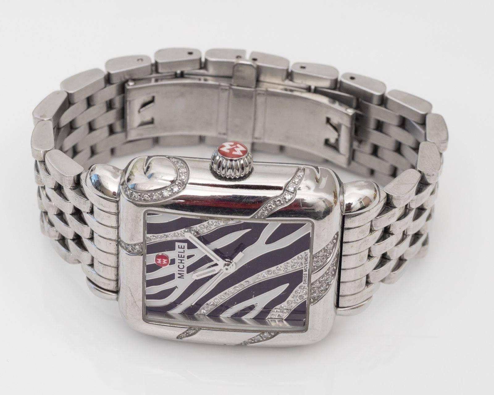 Modern Michele Stainless Steel Diamond Safari Zebra Dial Wristwatch