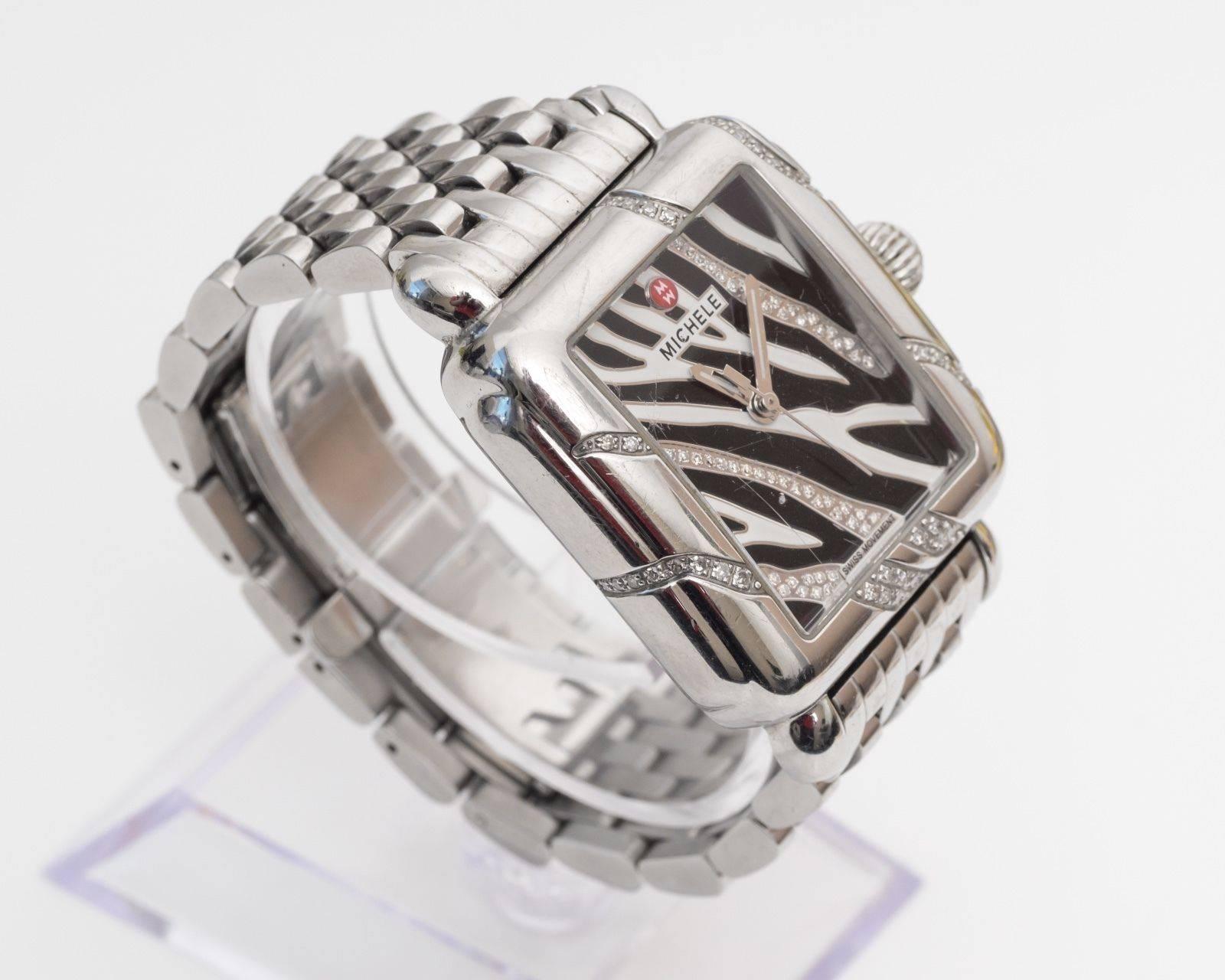 Round Cut Michele Stainless Steel Diamond Safari Zebra Dial Wristwatch