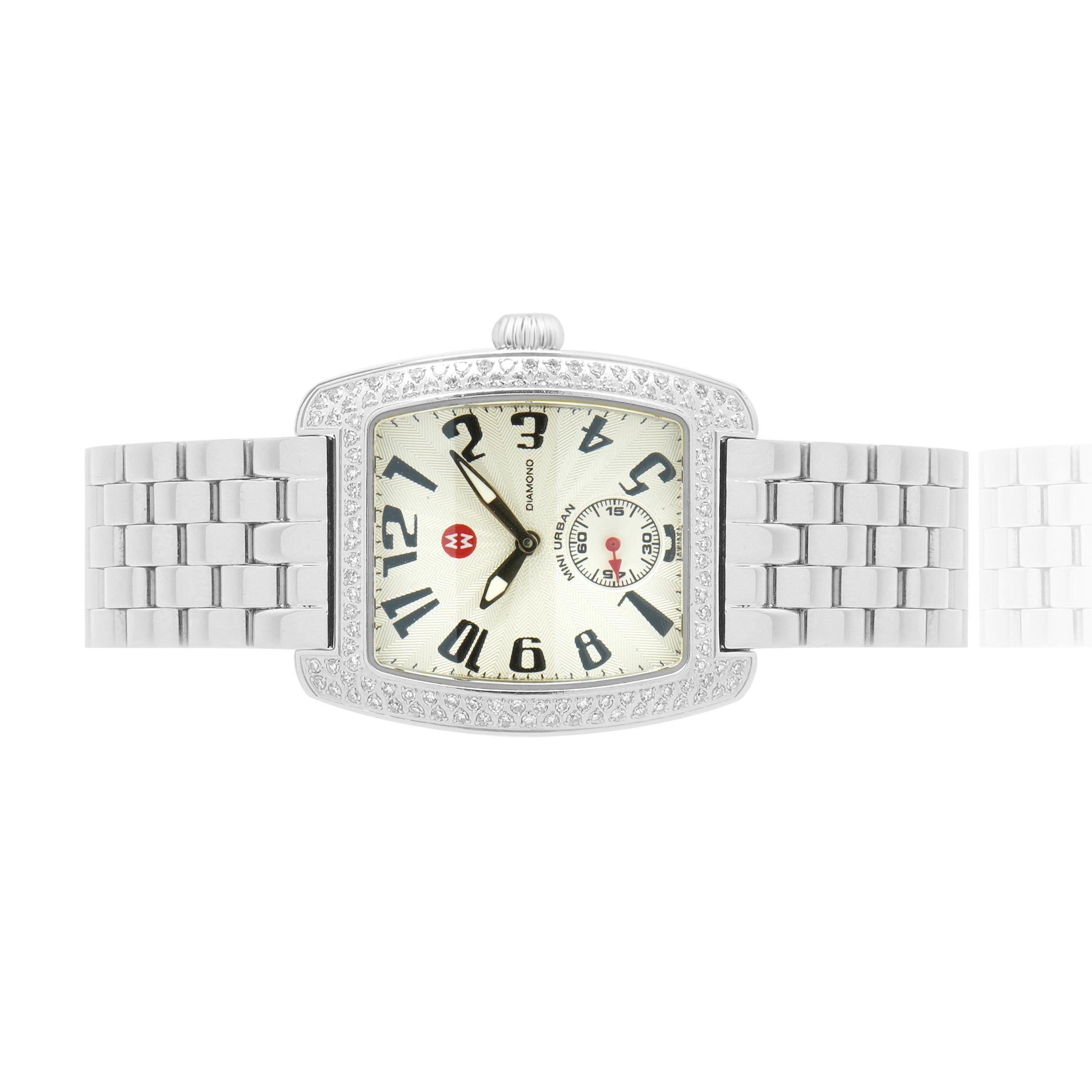 Movement: quartz
Function: hours, minutes, seconds
Case: 29mm square stainless steel case, diamond bezel, plastic crystal
Dial: silver
Band: stainless steel, integrated clasp
Serial #: 534XXX
Reference #: 71-2701

Does not come complete with