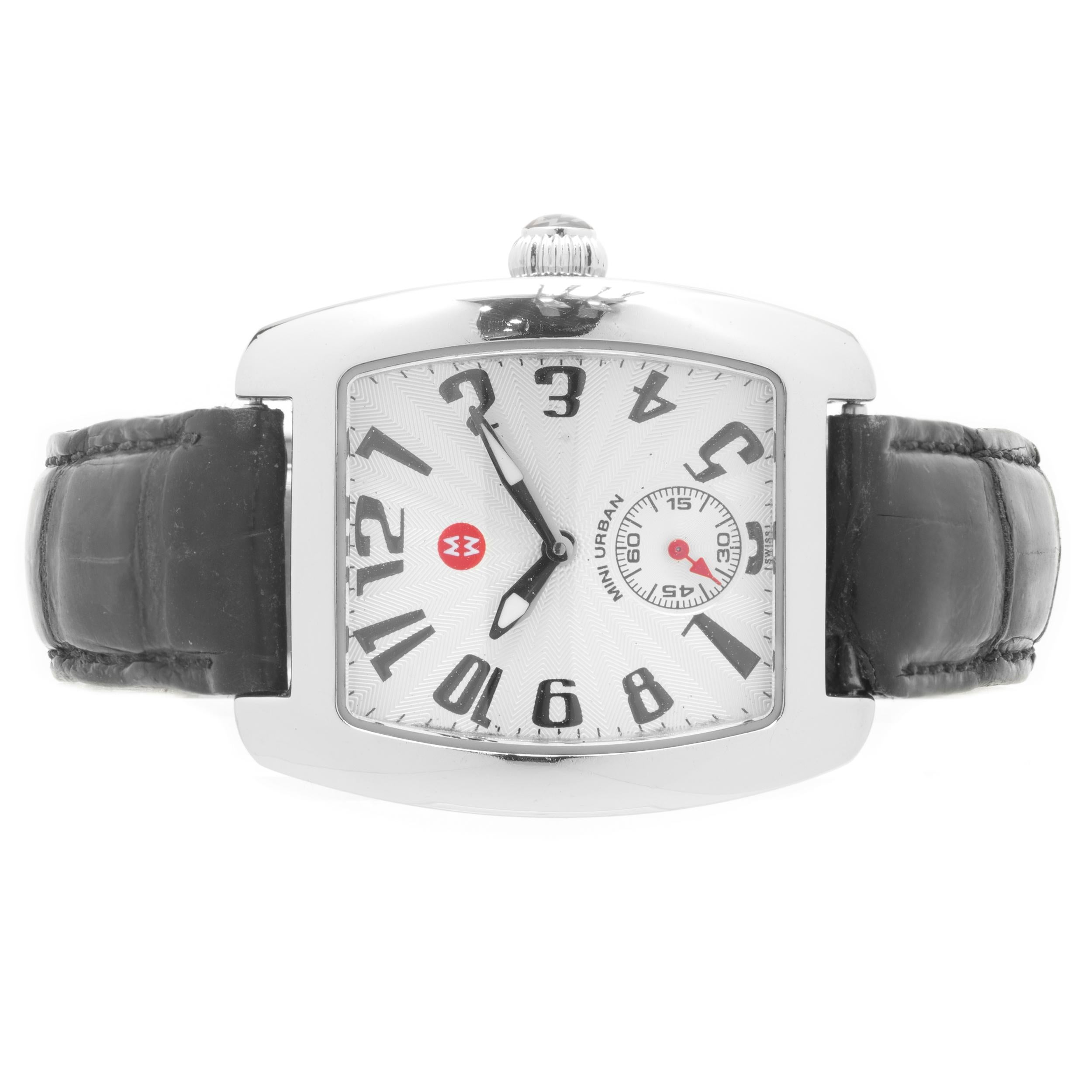Movement: quartz
Function: hours, minutes, seconds, date, chronograph 
Case: 35mm stainless rectangular case, sapphire crystal
Dial: white arabic dial, stick hour markers 
Band: cherry crocodile strap with buckle
Serial #: MU19XXX
Reference #: