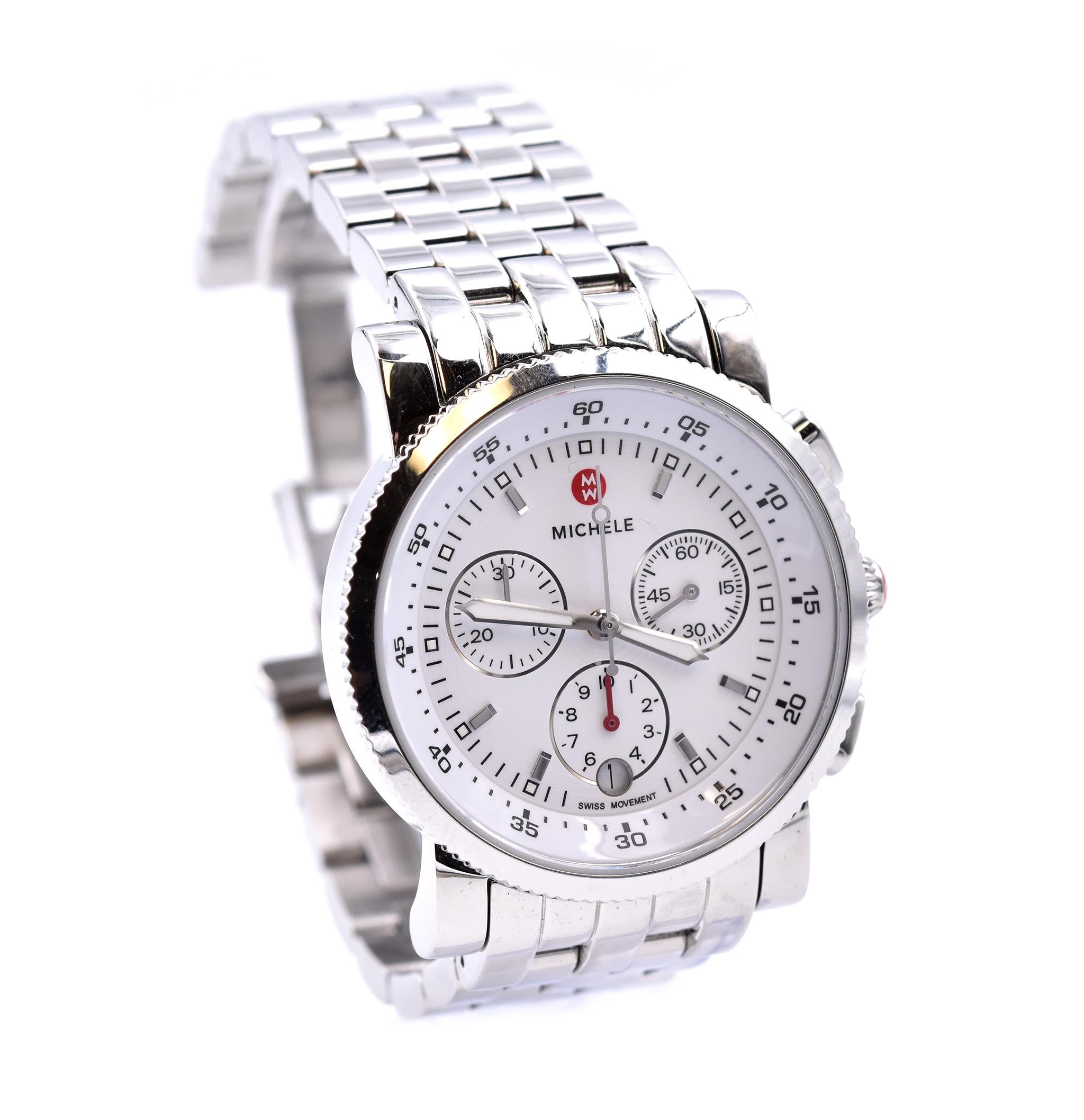 Movement: quartz
Function: hours, minutes, seconds, date
Case: 41mm round case, sapphire crystal
Dial: white stick dial  
Band: stainless steel sport sail bracelet
Serial #: SS18XXX
Reference #: MW01C00D9001

Box no Papers, Extra Links
Guaranteed to