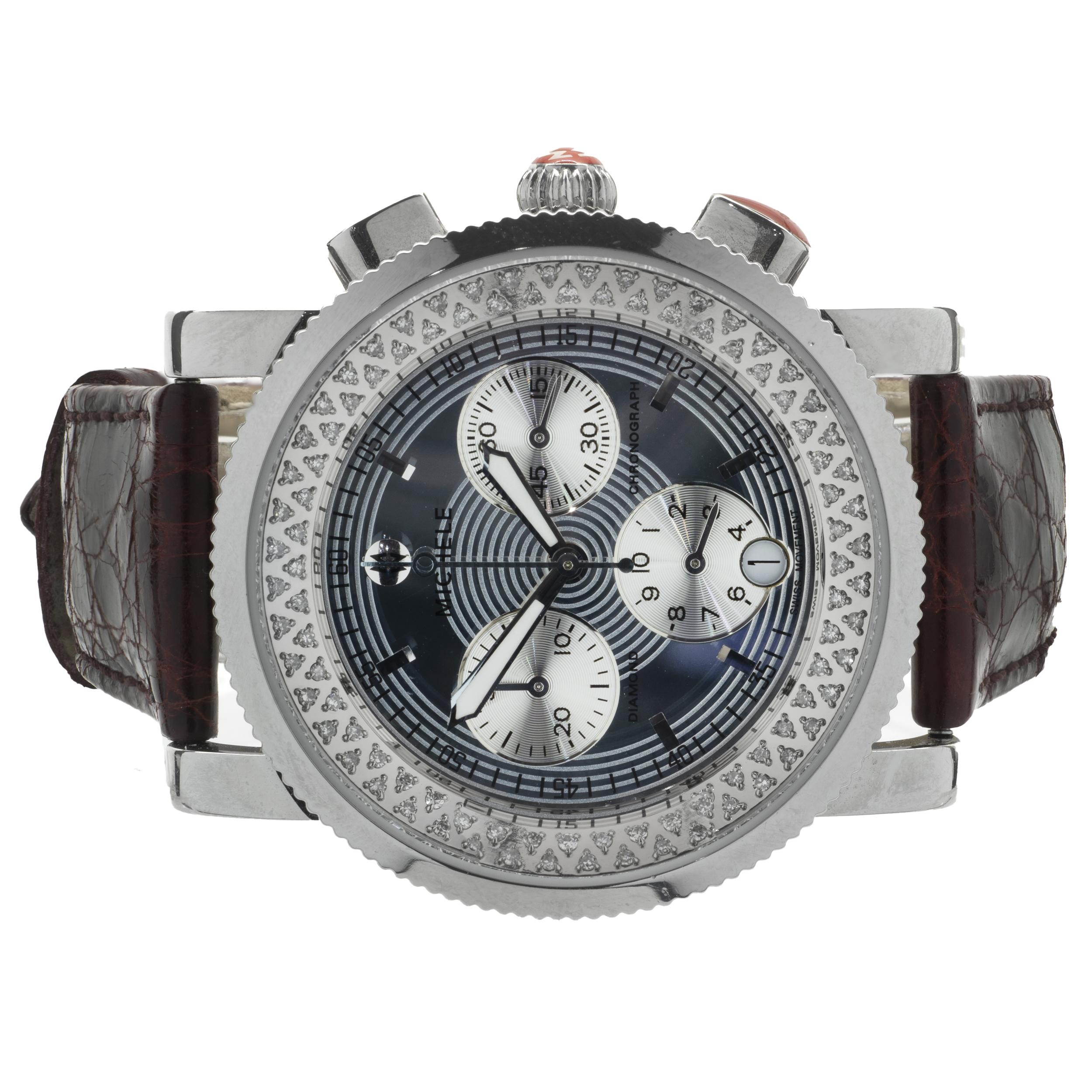Movement: quartz
Function: hours, minutes, seconds, date, chronograph 
Case: 38mm stainless round case, sapphire crystal
Dial: mirror chronograph dial, stick hour markers 
Band: cherry crocodile strap with buckle
Serial #: XXX/XXX
Reference #: