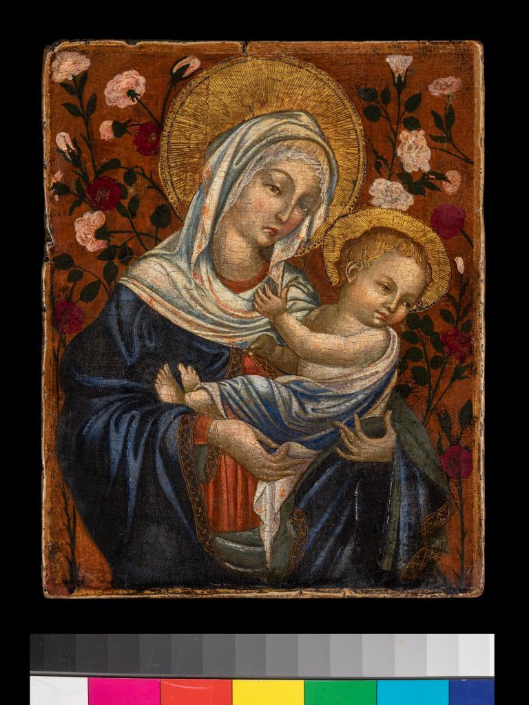 Madonna with a Child, tempera on a gilt panel - Gothic Painting by Michele Taddeo di Giovanni Bono