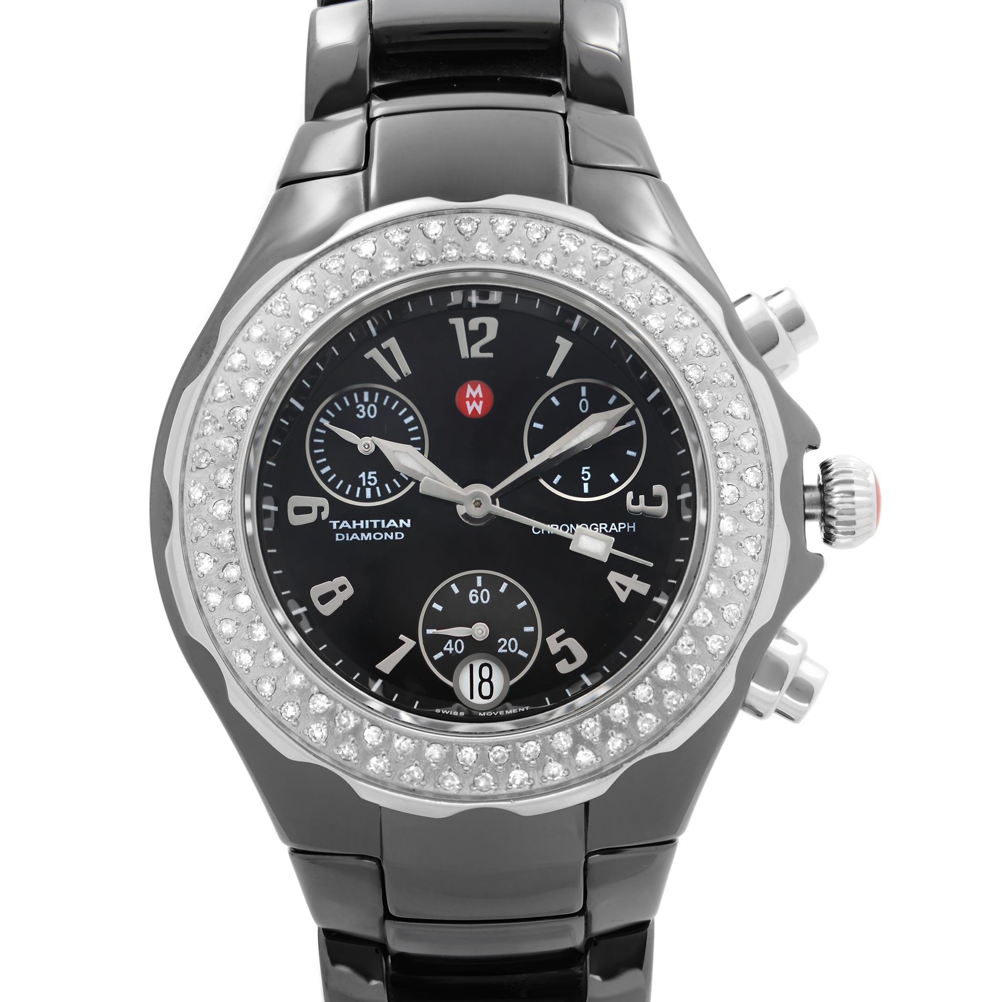 Pre Owned Michele Tahitian Ceramic Diamond Bezel Black Dial Ladies Watch MWW12A000005. Excellent Condition. This Beautiful Timepiece Features: Black Ceramic Case with a Black Ceramic Bracelet., Fixed Stainless Steel Bezel Set with 100 Diamonds