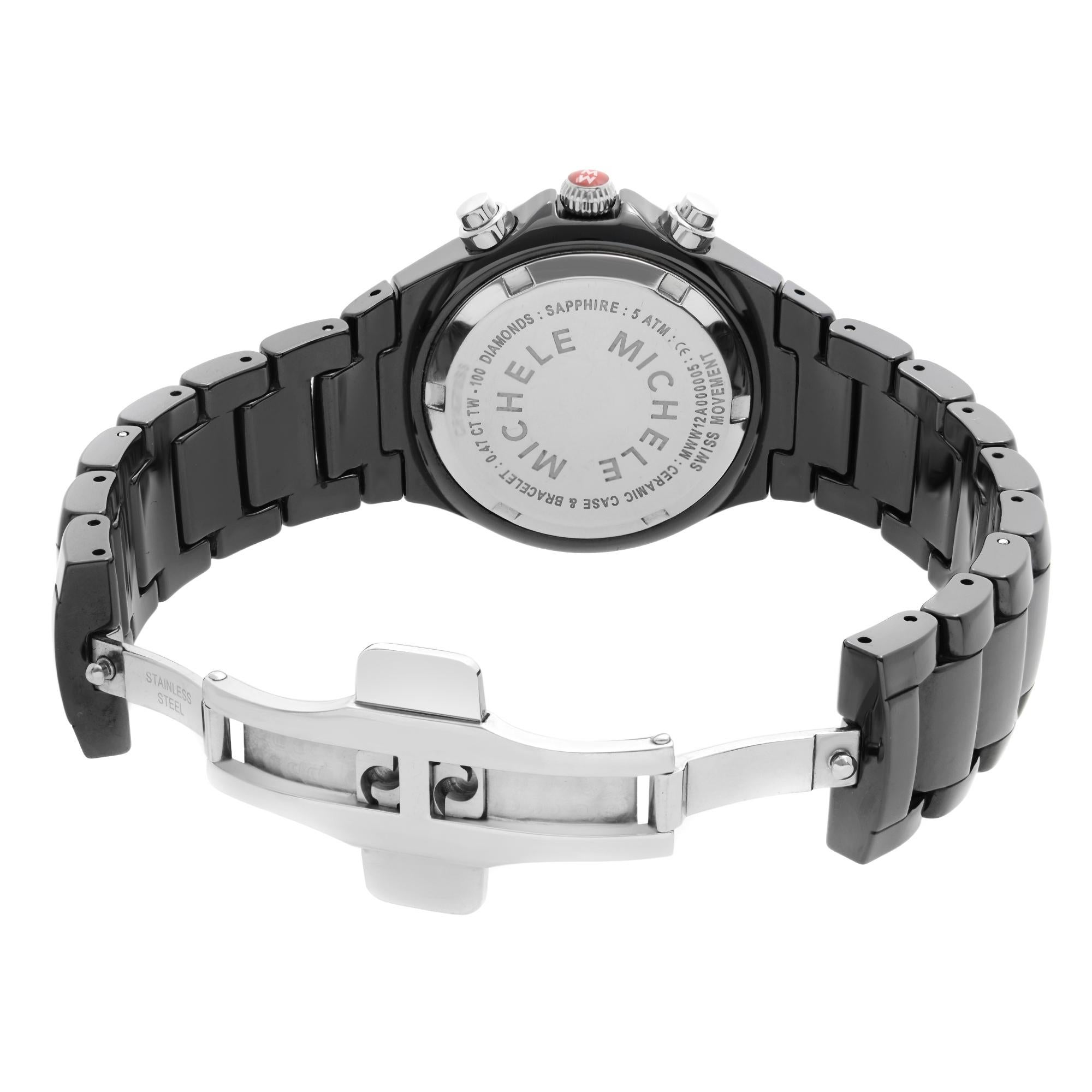 Michele Tahitian Ceramic Diamond Bezel Black Dial Ladies Watch MWW12A000005 In Excellent Condition In New York, NY