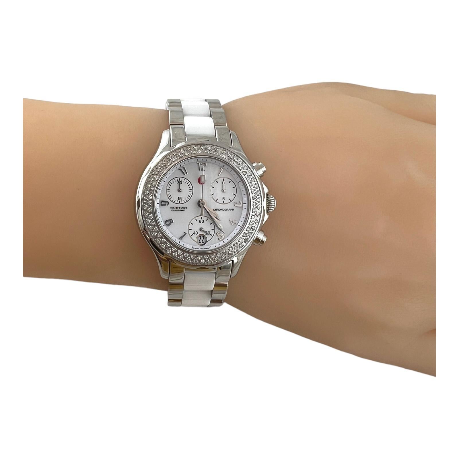 Michele Tahitian White Ceramic Diamond Steel Ladies Watch Quartz #15223 2