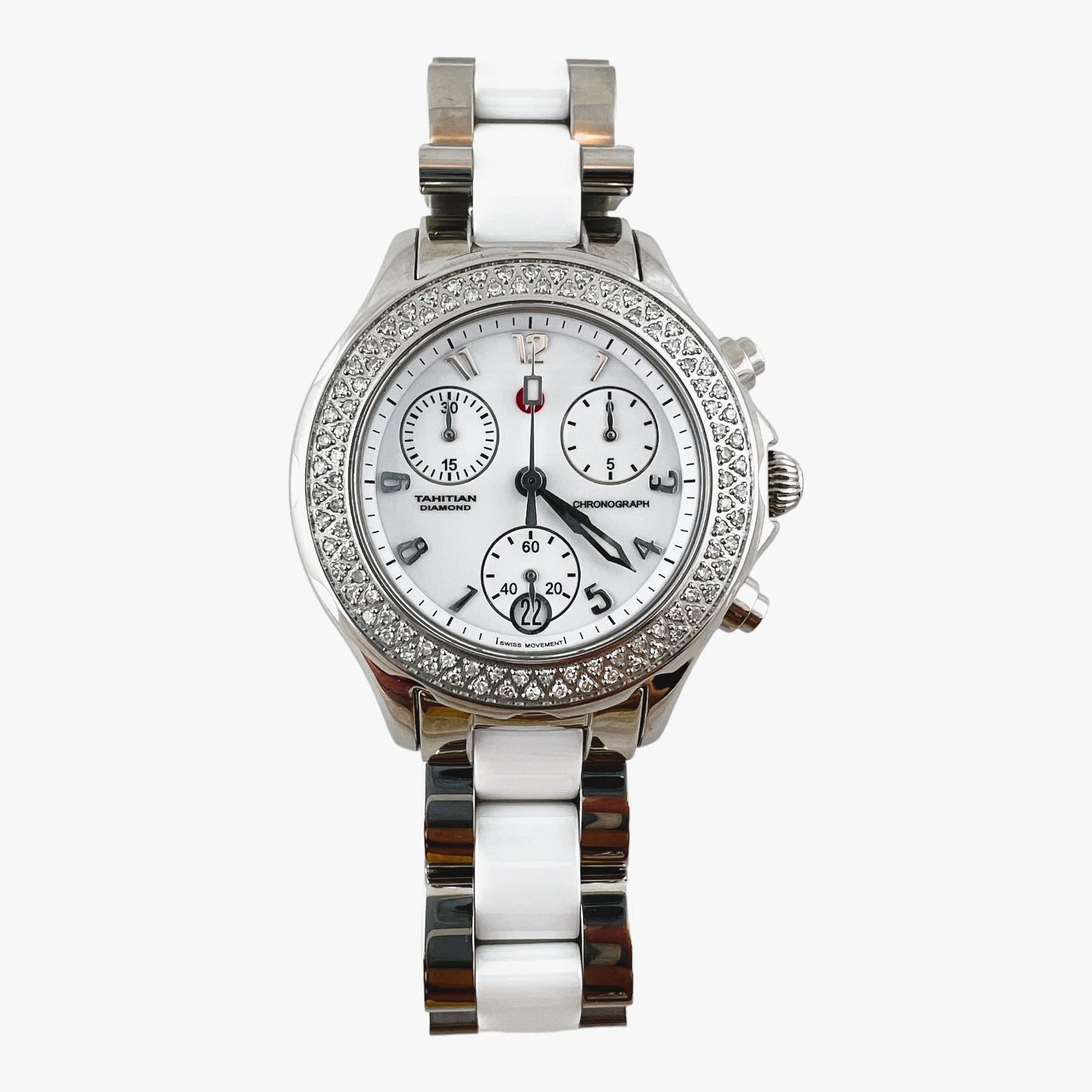 Michele Tahitian Ceramic Stainless Steel Diamond Watch

Model: MWW25877SS
Serial: DUO2587788

Quartz movement

34mm case

Diamond bezel with 100 diamonds at approx. .47cts total weight

Fits up to 6