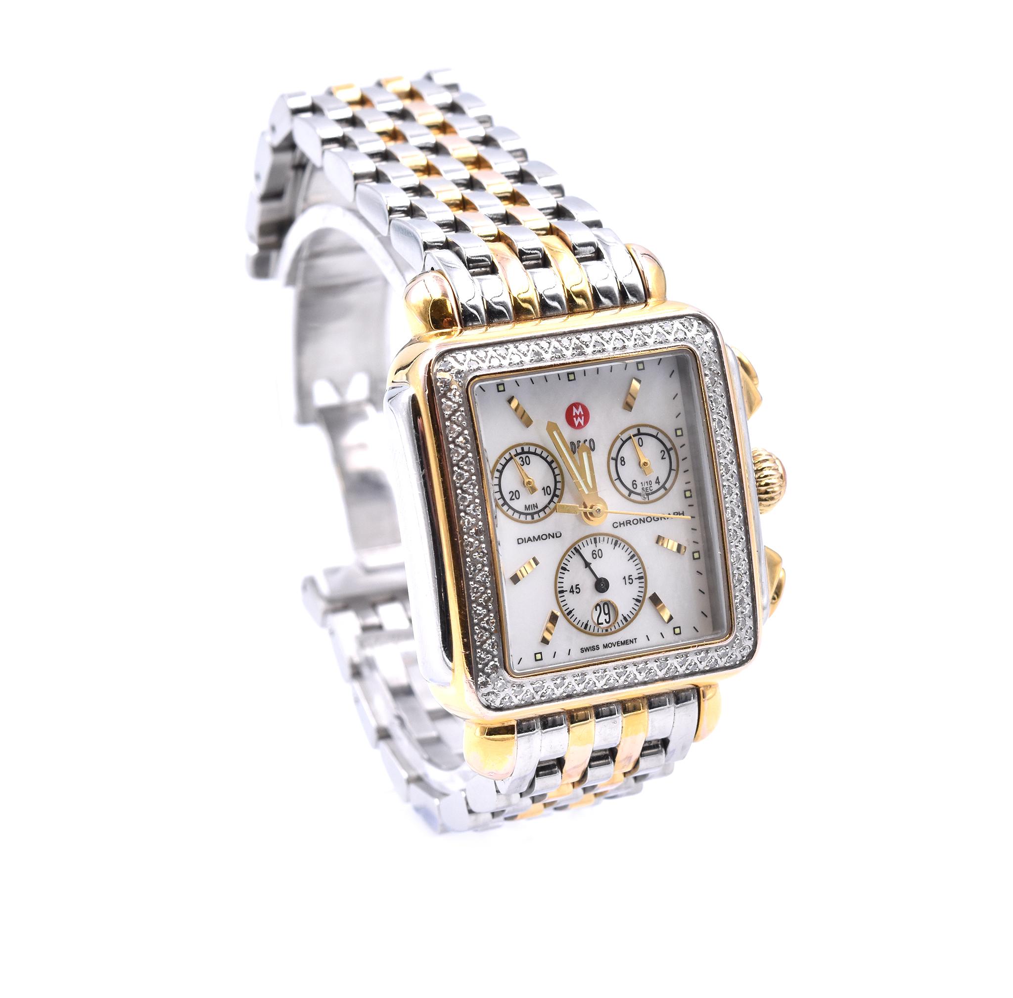 Movement: quartz
Function: hours, minutes, seconds, date, chronograph
Case: 32mm X 34mm round case, sapphire crystal
Dial: mother of pearl stick dial 
Band: two tone stainless steel panther bracelet
Serial #: B11051XXX
Reference #: MW03A01C5025

No