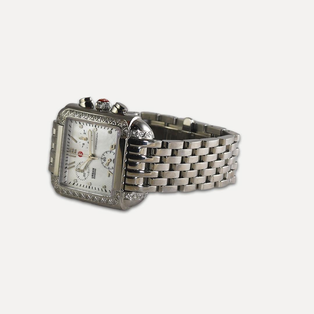 Round Cut Michele Urban Diamond & Stainless Steel Watch For Sale