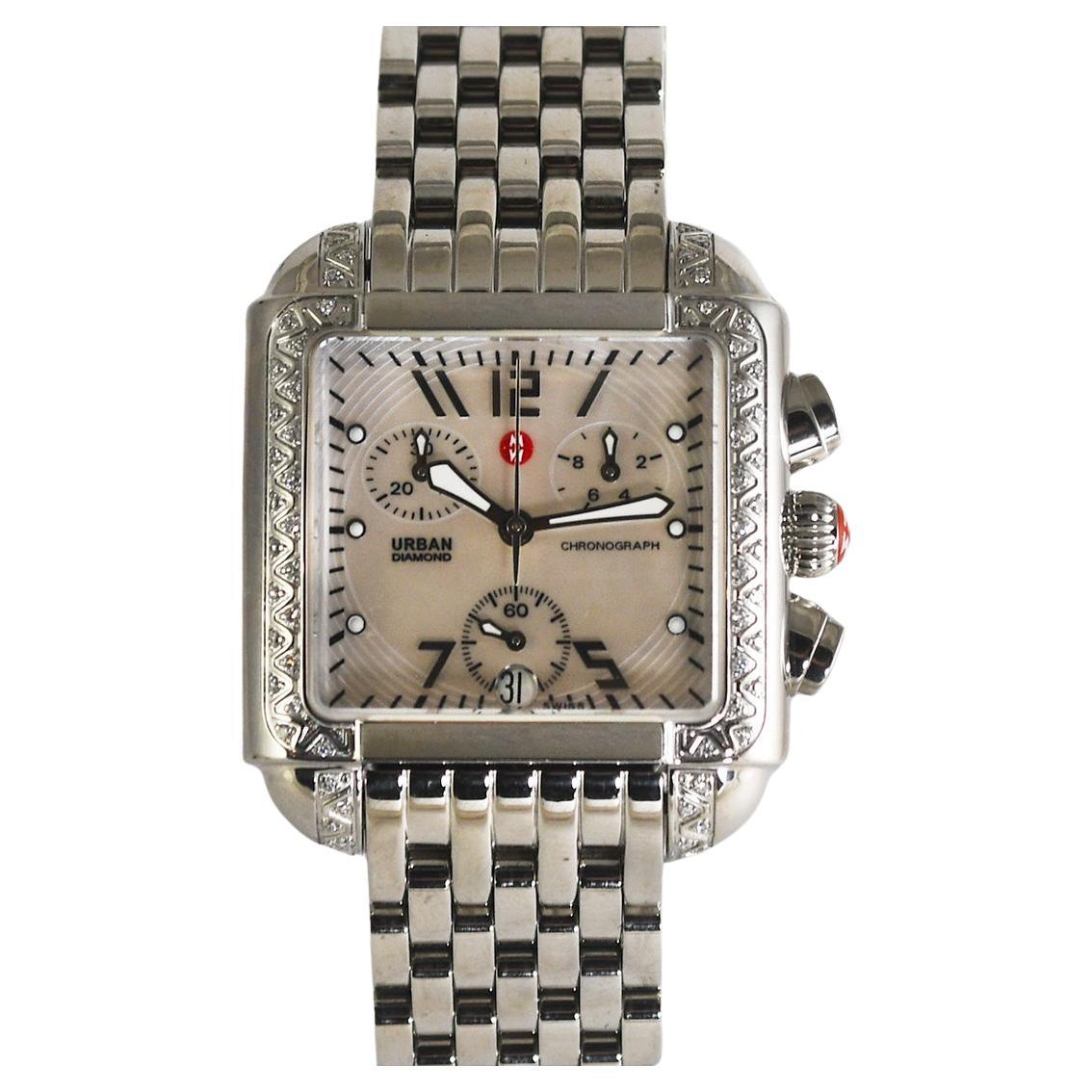 Michele Urban Diamond & Stainless Steel Watch For Sale