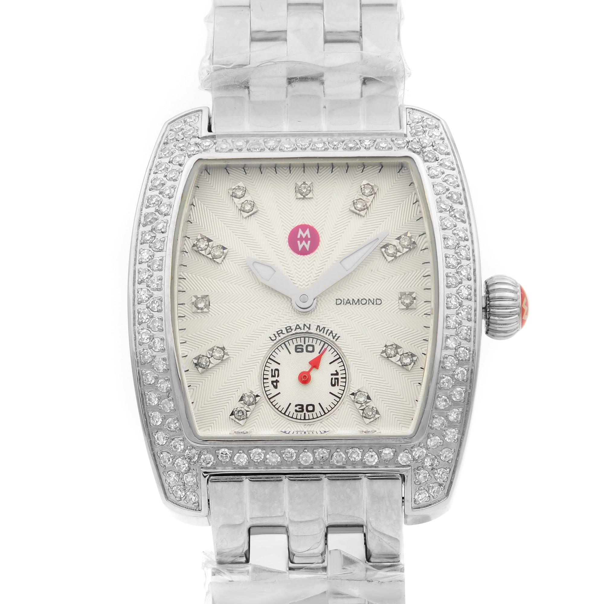 Unworn Michele Urban Ladies Watch MWW02A000508. Timepiece is powered by quartz (battery) movement which is cased in a stainless steel case. It has a tonneau shape face, small seconds subdial dial and has hand diamonds style markers. It is completed