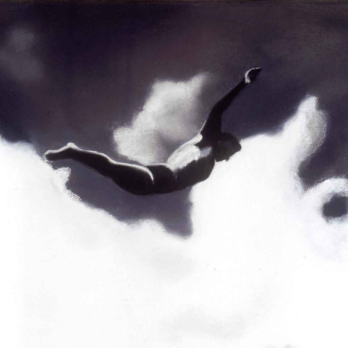 At the center of this large-scale black and white charcoal and pastel painting, a diver launches himself from untold heights, frozen at the peak of action against an ecstatic plume of clouds. Zalopany excels at painting with light, often abstracting