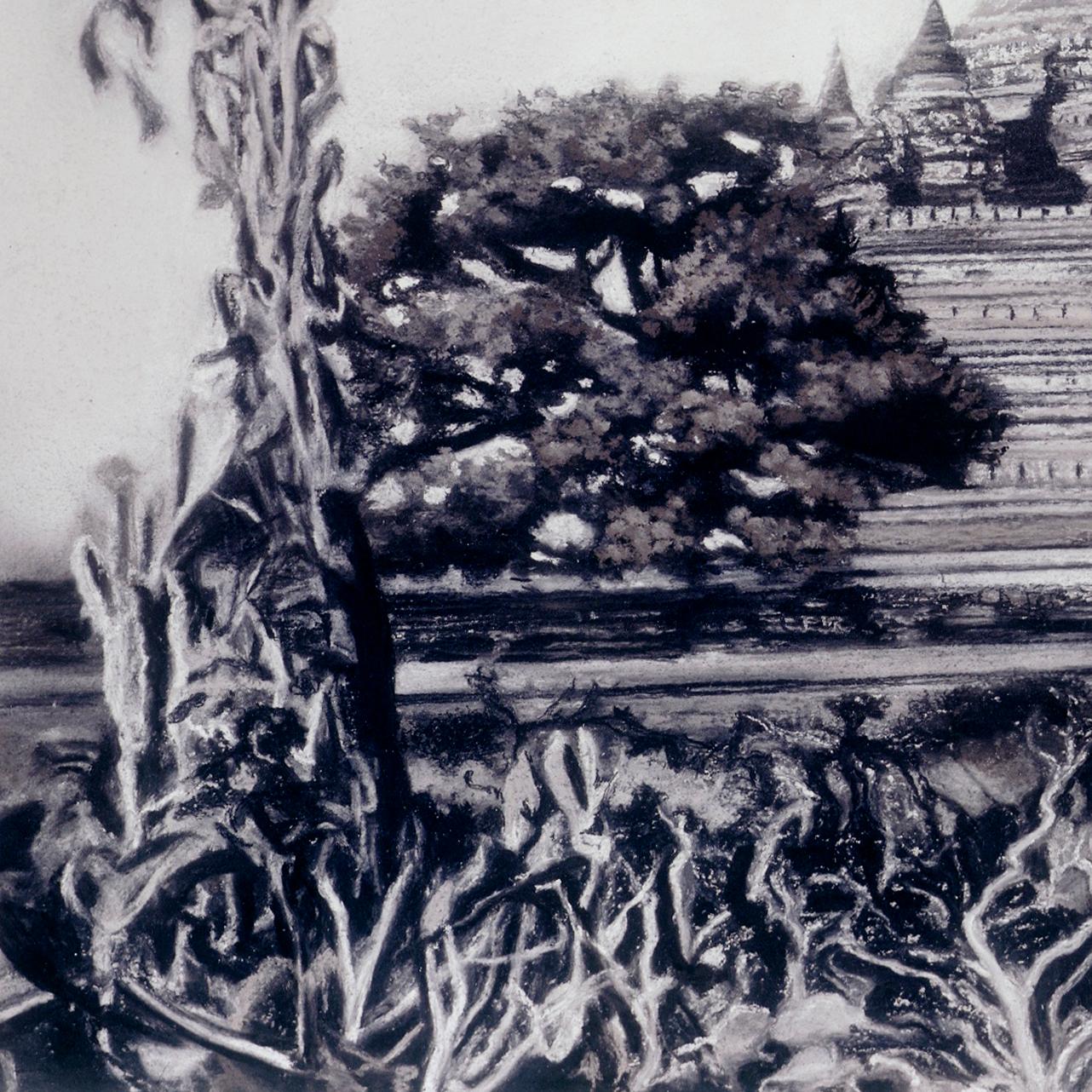 Temple von Michele Zalopany, burmesische Tempel-Landschaft in Holzkohle und Pastell im Angebot 2