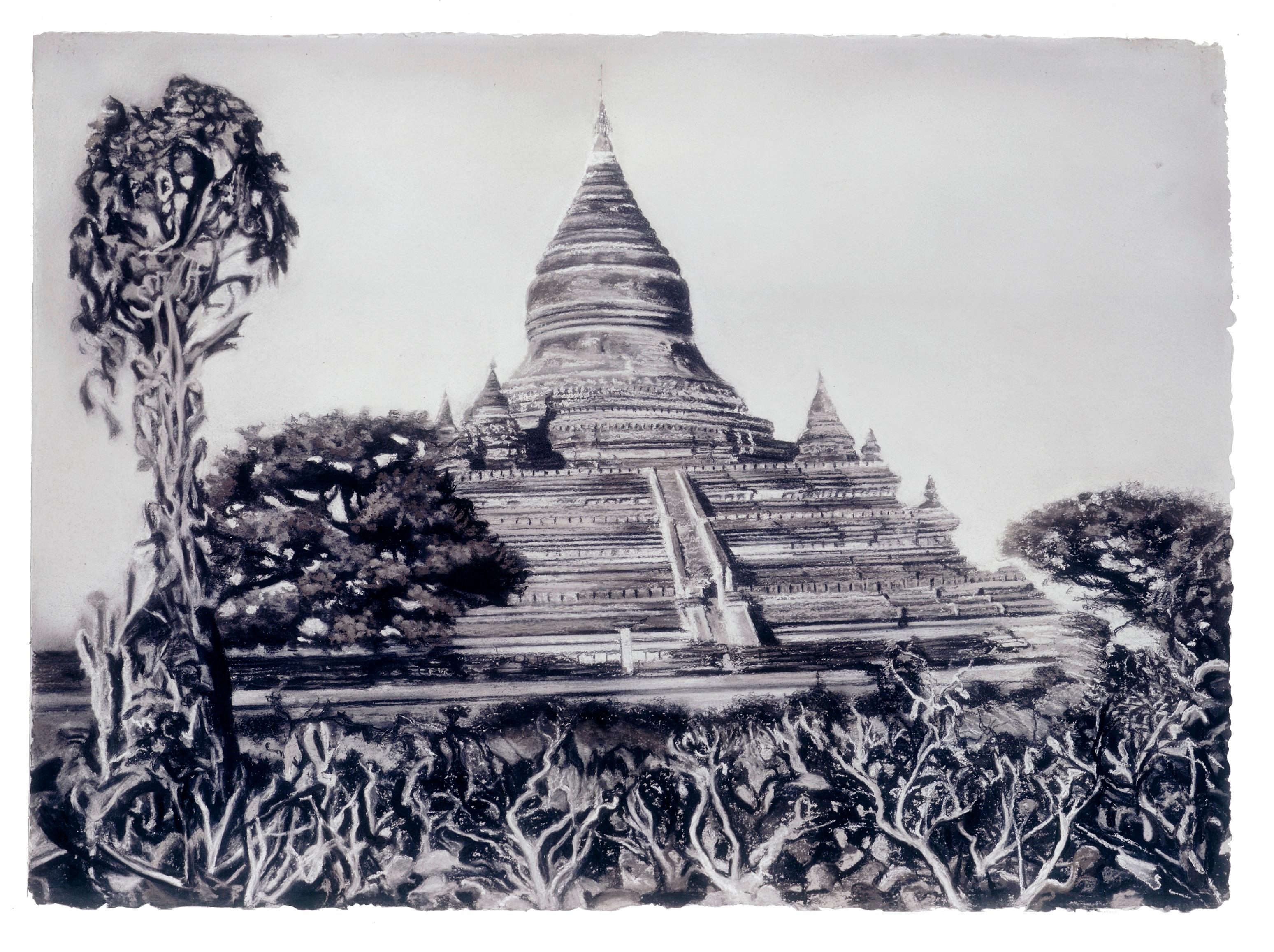 Temple de Michele Zalopany, paysage de temple birman au fusain et au pastel