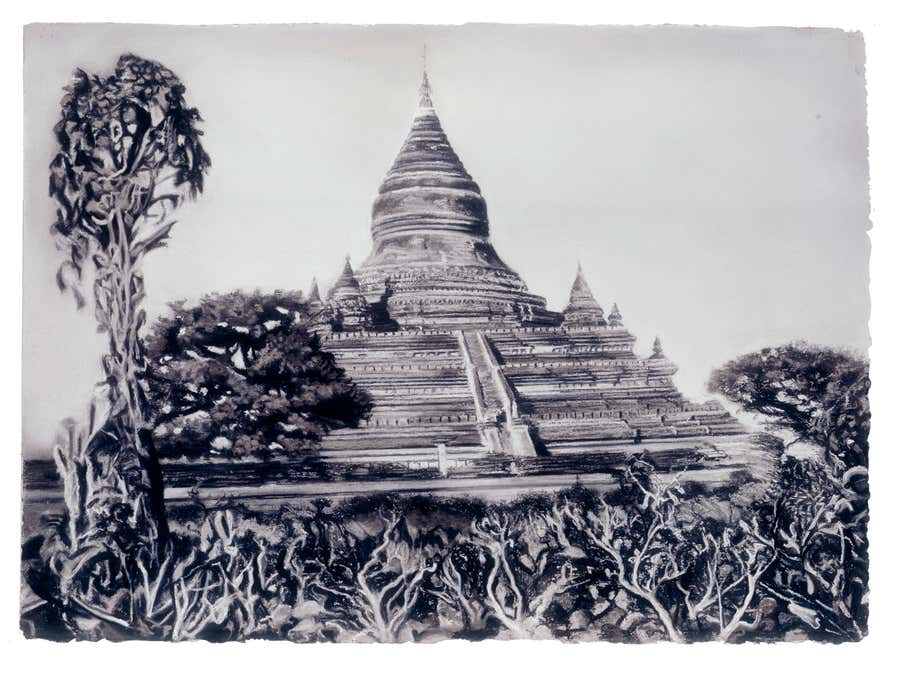Temple by Michele Zalopany, Burmese temple charcoal and pastel landscape