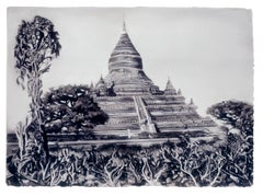 Tempio di Michele Zalopany, paesaggio a carboncino e pastello di un tempio birmano 