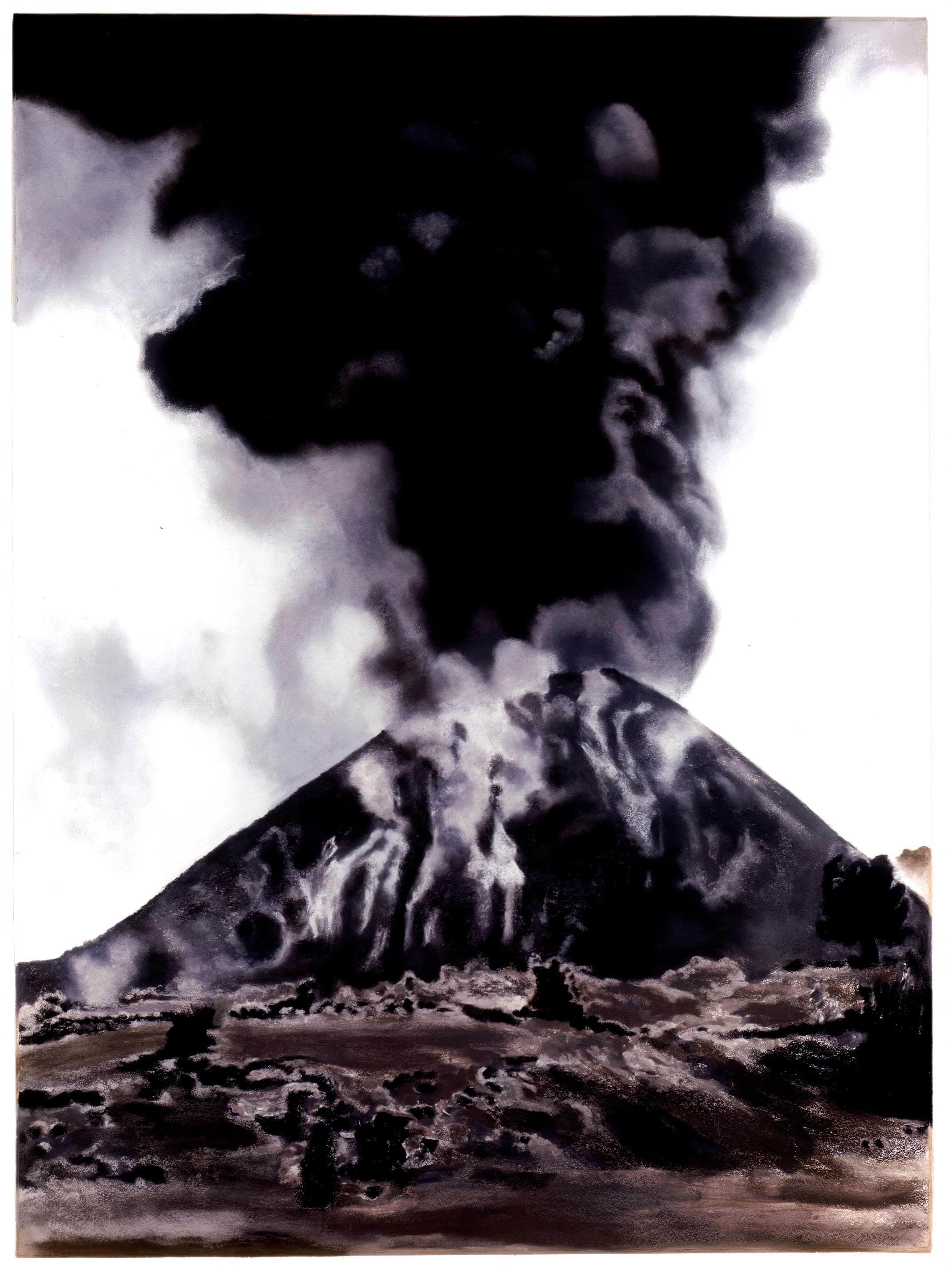 Executed in black, grey and brown, this monumental charcoal and pastel painting conveys the mythic drama and beauty of an active volcano. Rising in the shape of a wide, low cone, the volcano emits a plume of ash and smoke, blended to velvet in the