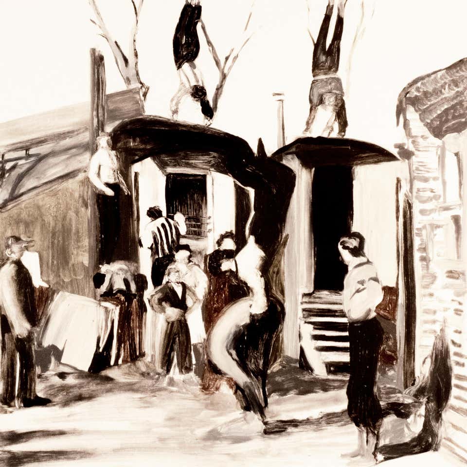 Acrobats, Michele Zalopany. Black and white monotype painting landscape