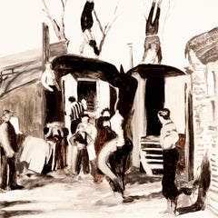 Acróbatas, Michele Zalopany. Pintura monotipo en blanco y negro paisaje
