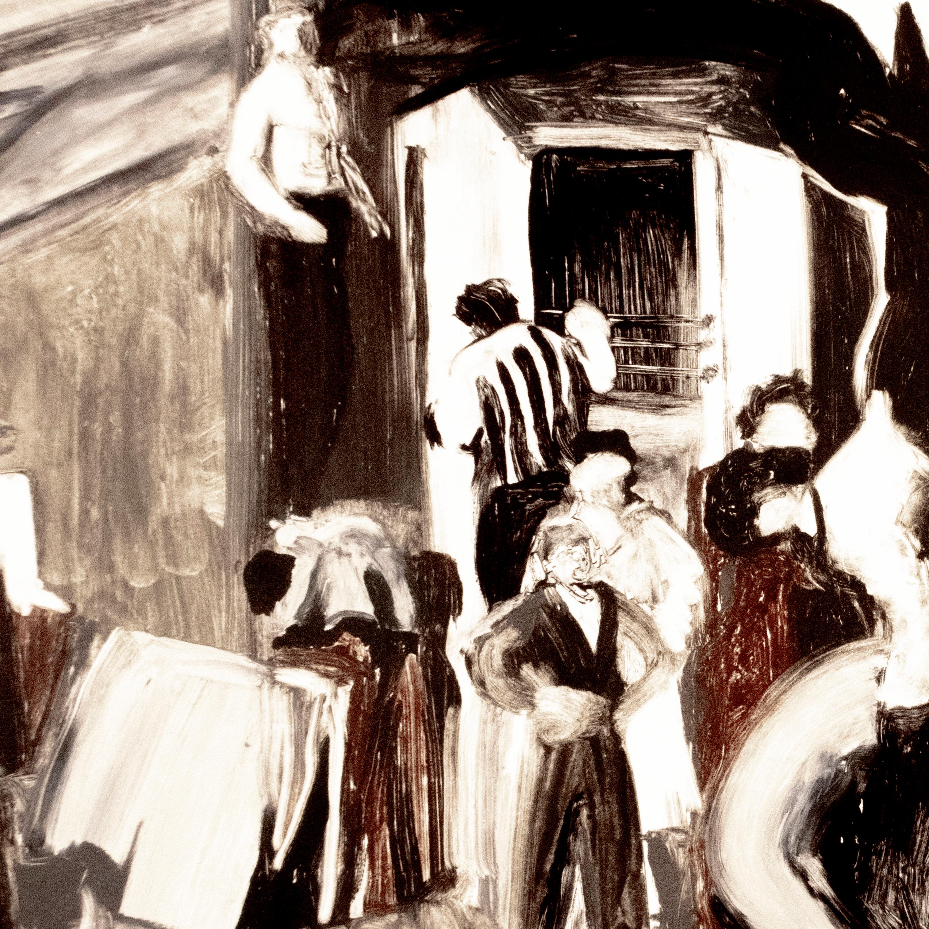 Acróbatas, Michele Zalopany. Pintura monotipo en blanco y negro paisaje en venta 3