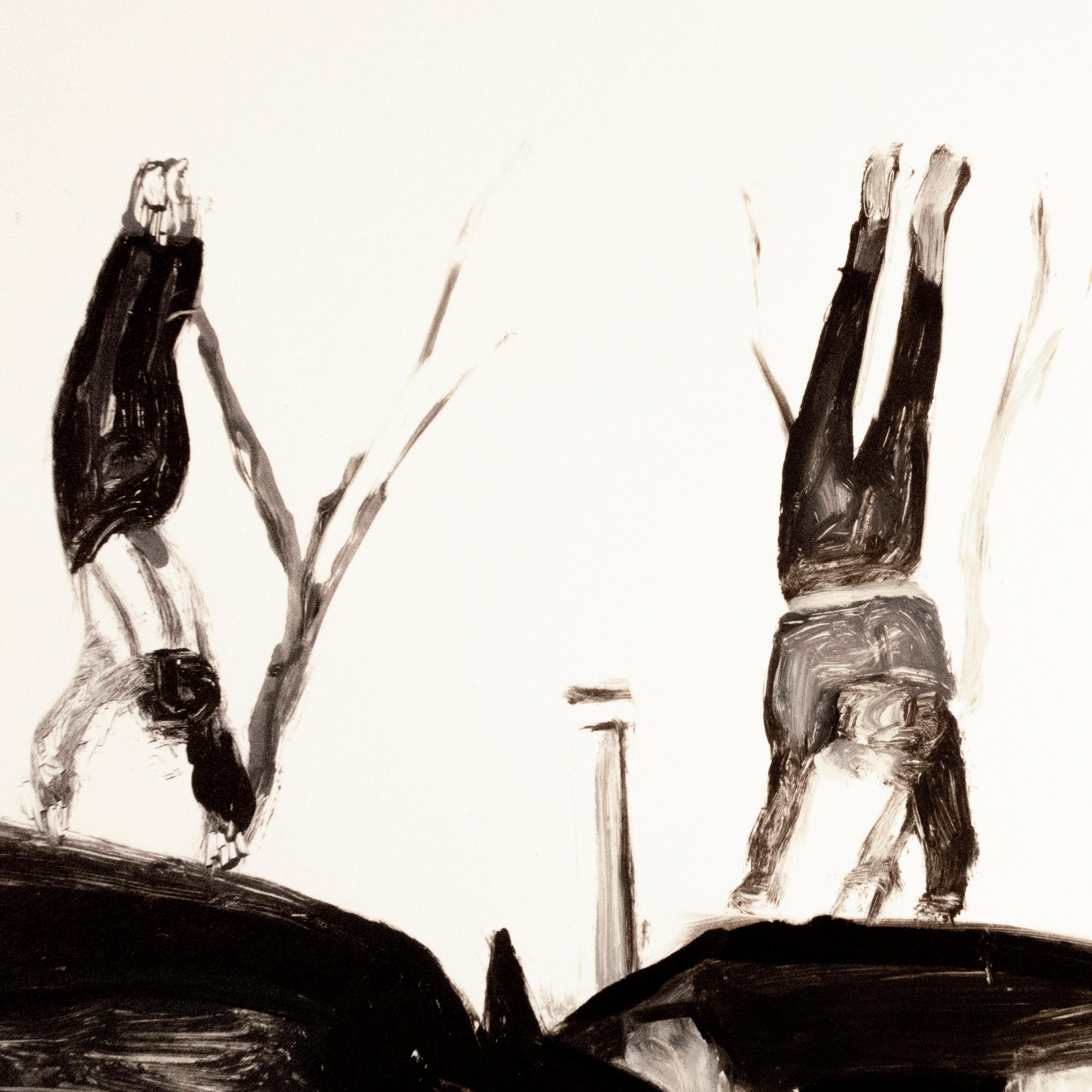 Acrobats, Michele Zalopany. Black and white monotype painting landscape  For Sale 5