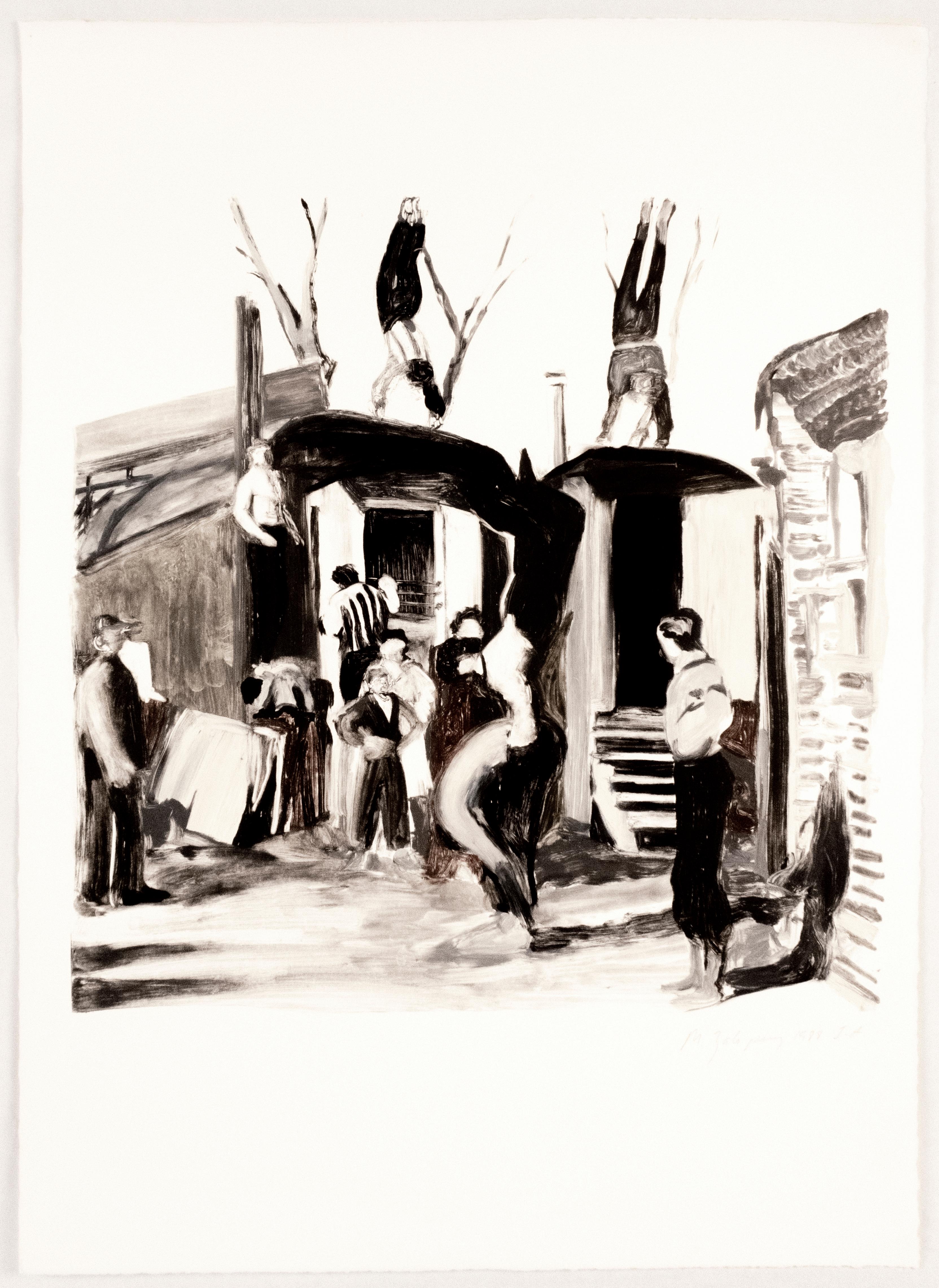 Acrobats, Michele Zalopany. Black and white monotype painting landscape  For Sale 1