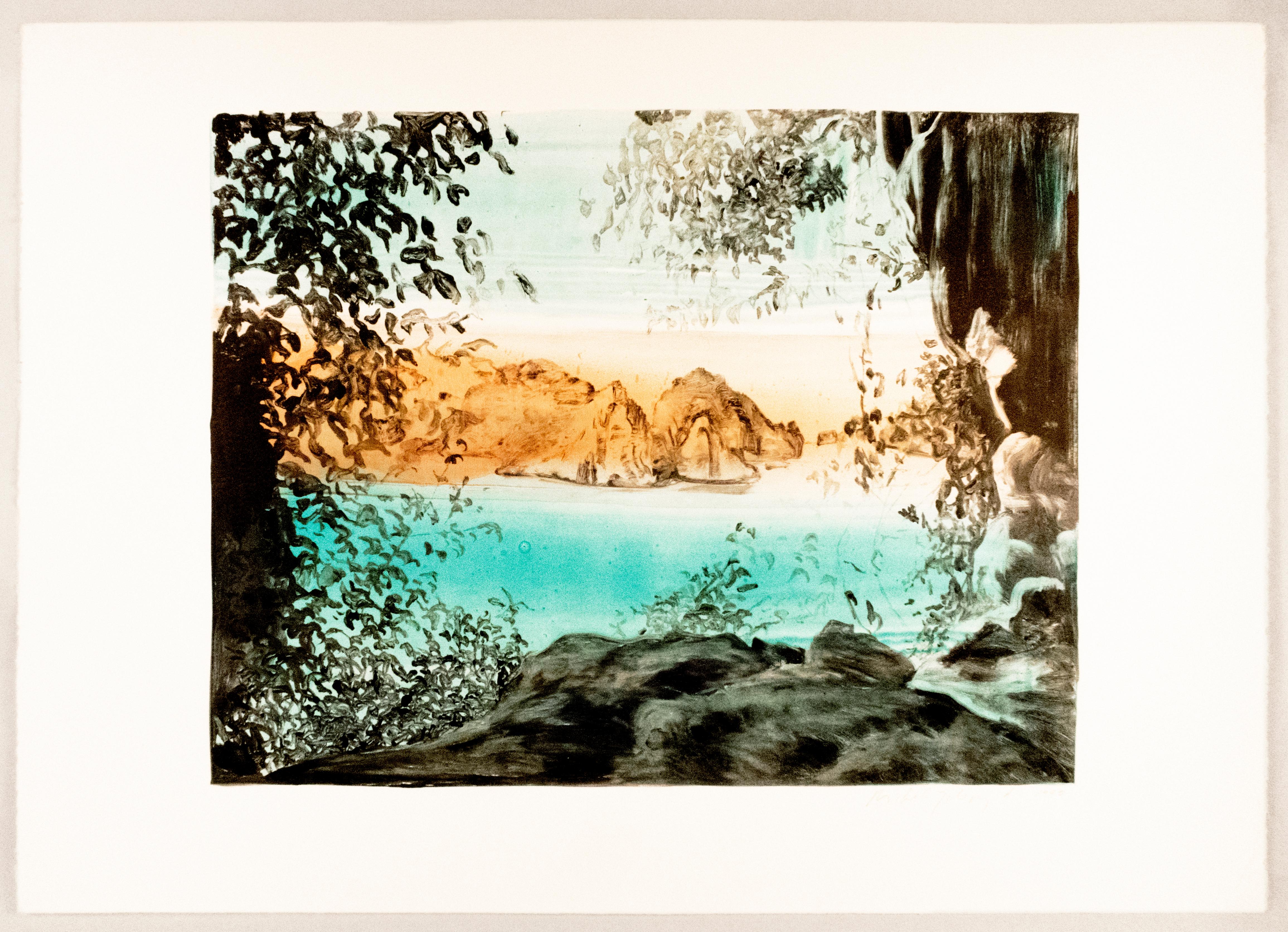 Advantage of Exile tropical ocean mountain landscape blue water unique monotype - Print by Michele Zalopany