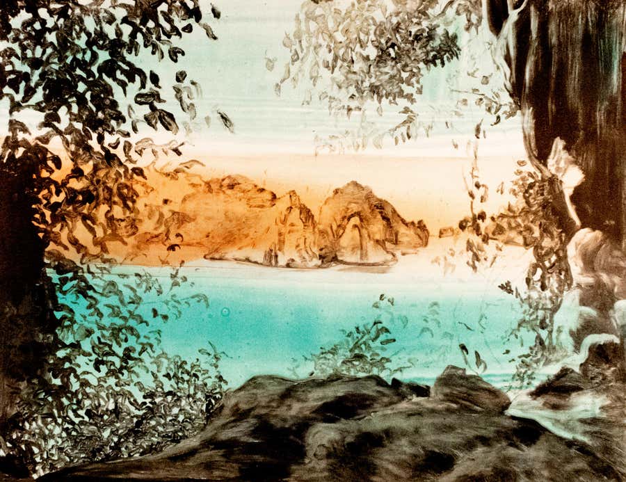Advantage of Exile tropical ocean mountain landscape blue water unique monotype