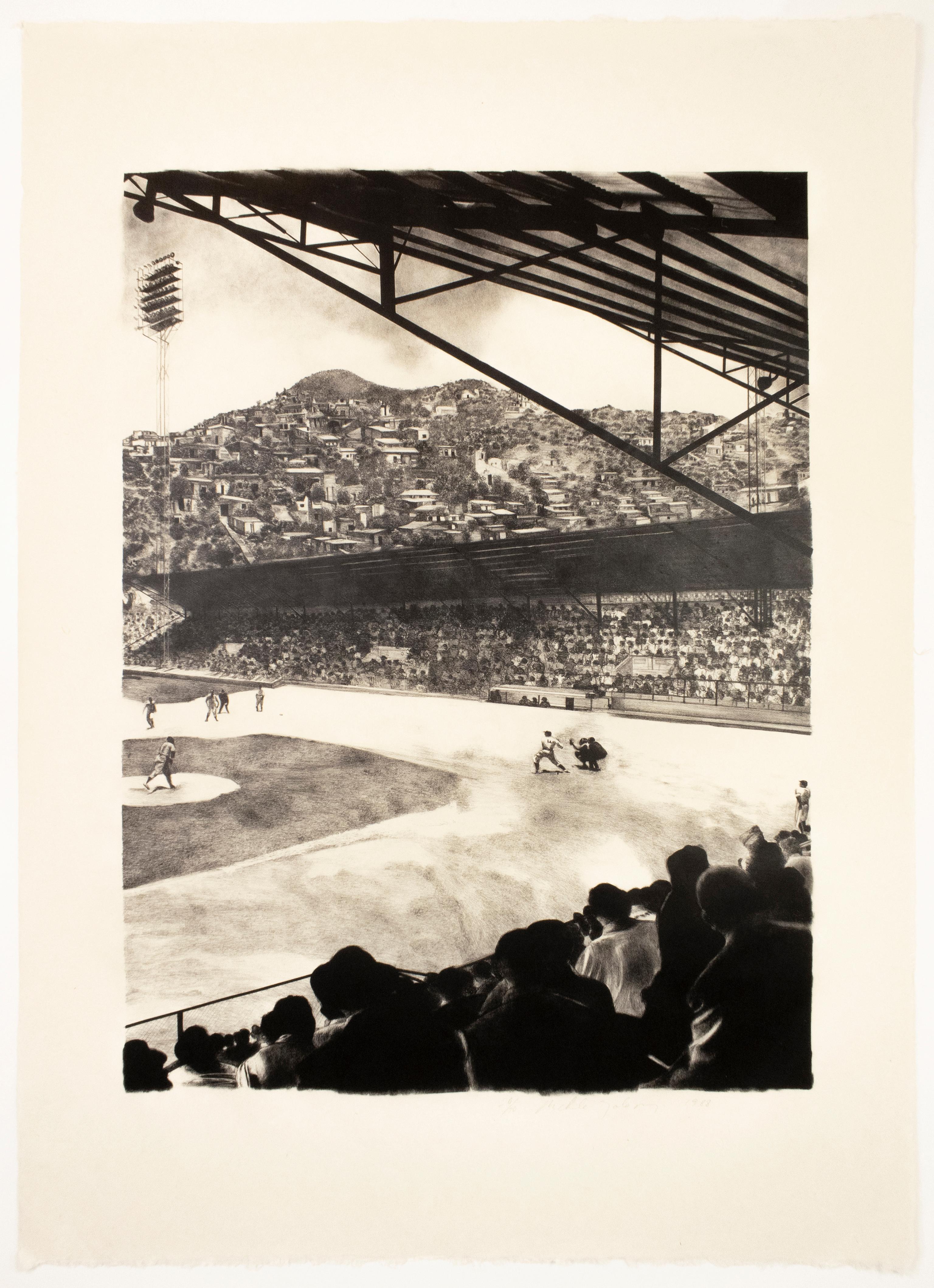 Baseball Game: realist large-scale black and white drawing of sports game - Print by Michele Zalopany