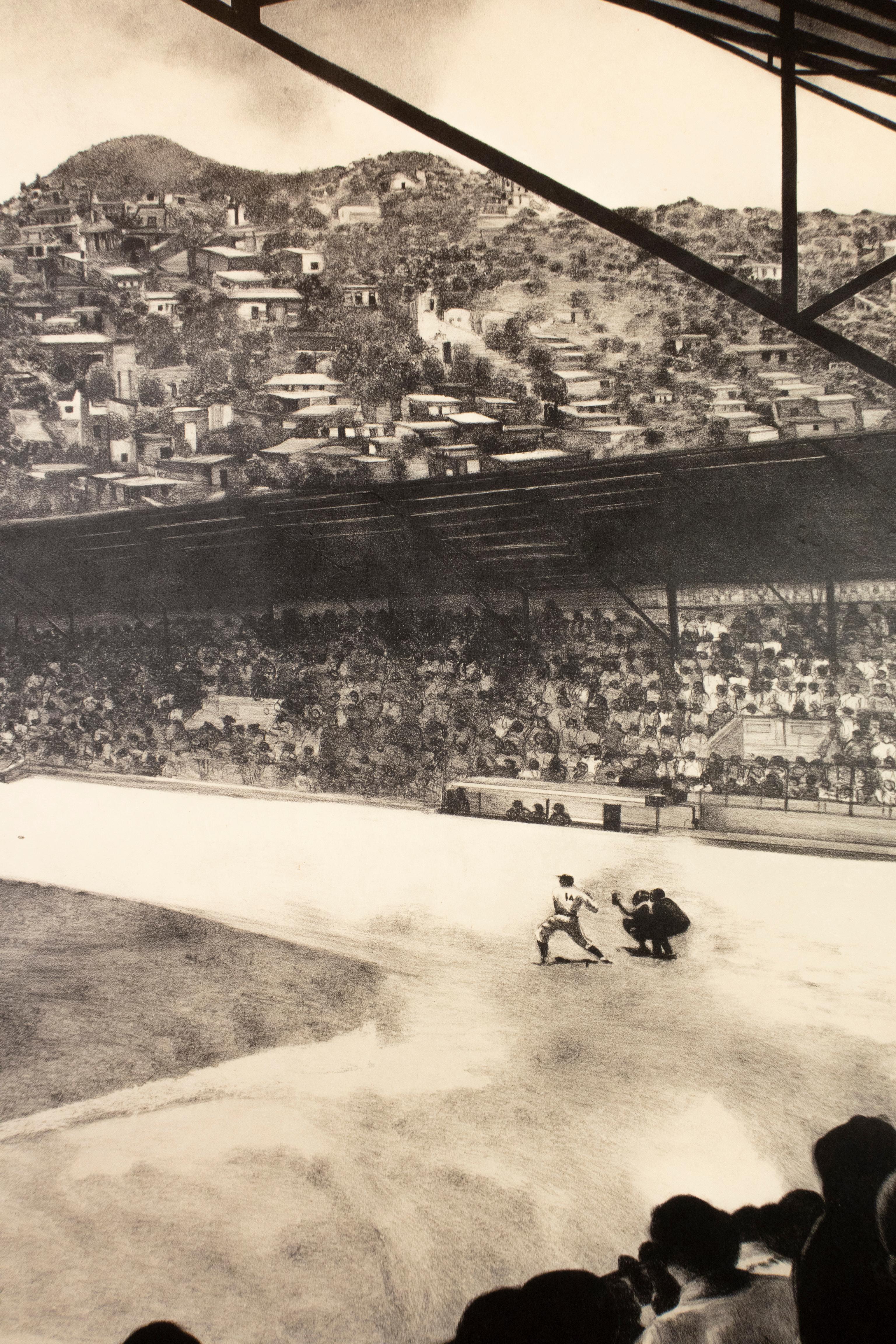 Baseball Game: realist large-scale black and white drawing of sports game  - Contemporary Print by Michele Zalopany