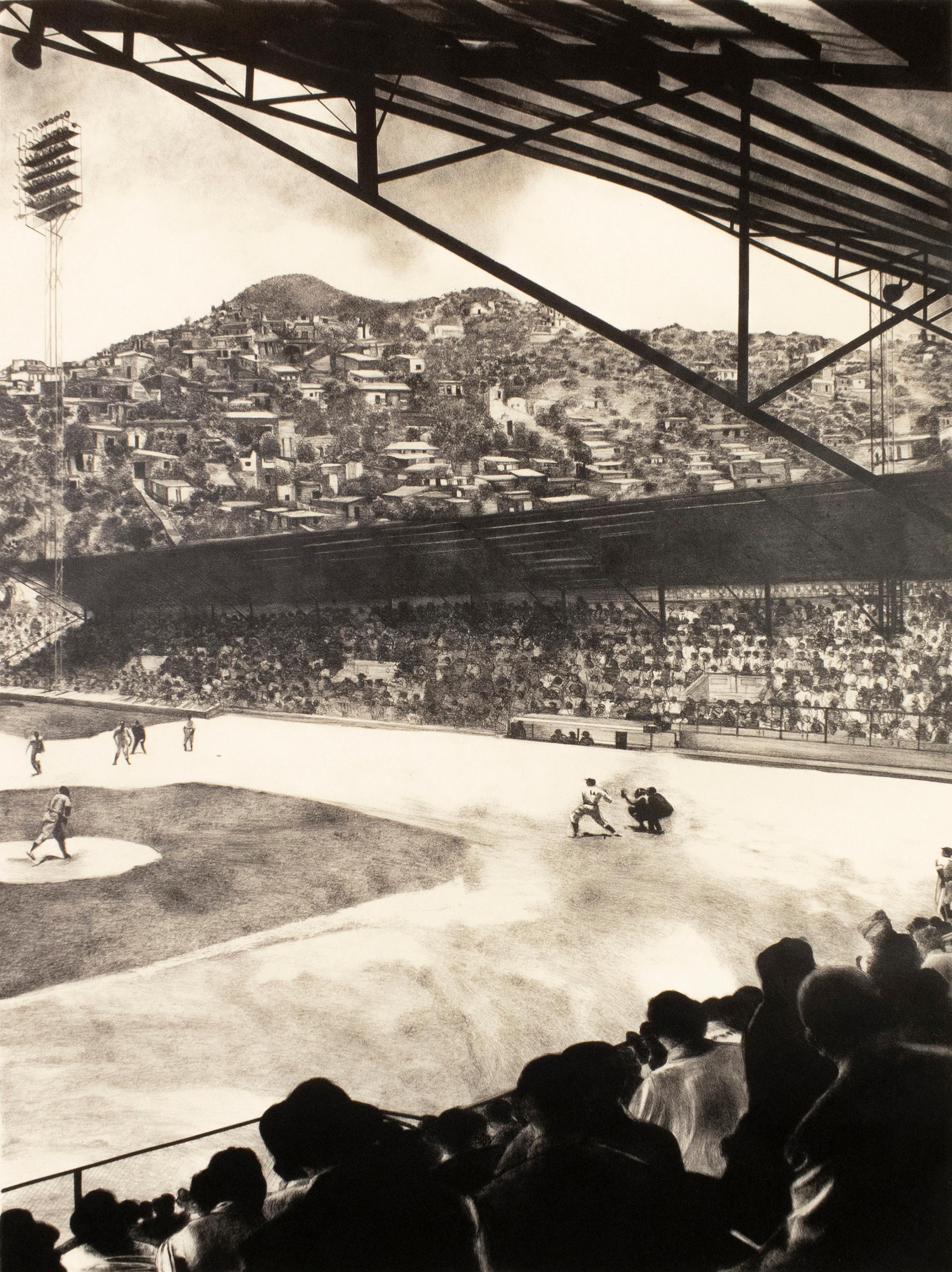 Baseballspiel: realistische großformatige schwarz-weiße Zeichnung eines Sportspiels 