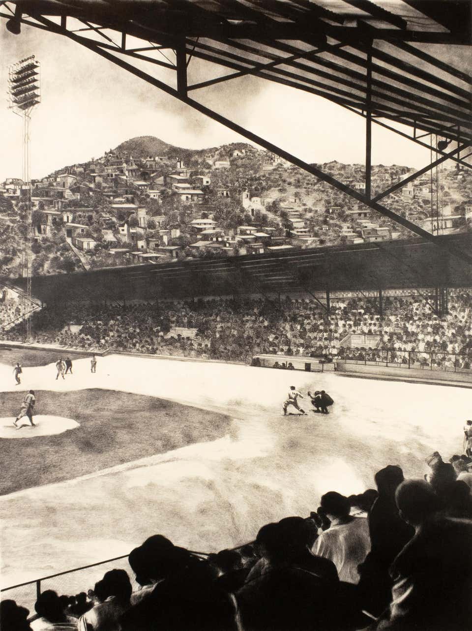 Baseball Game: realist large-scale black and white drawing of sports game