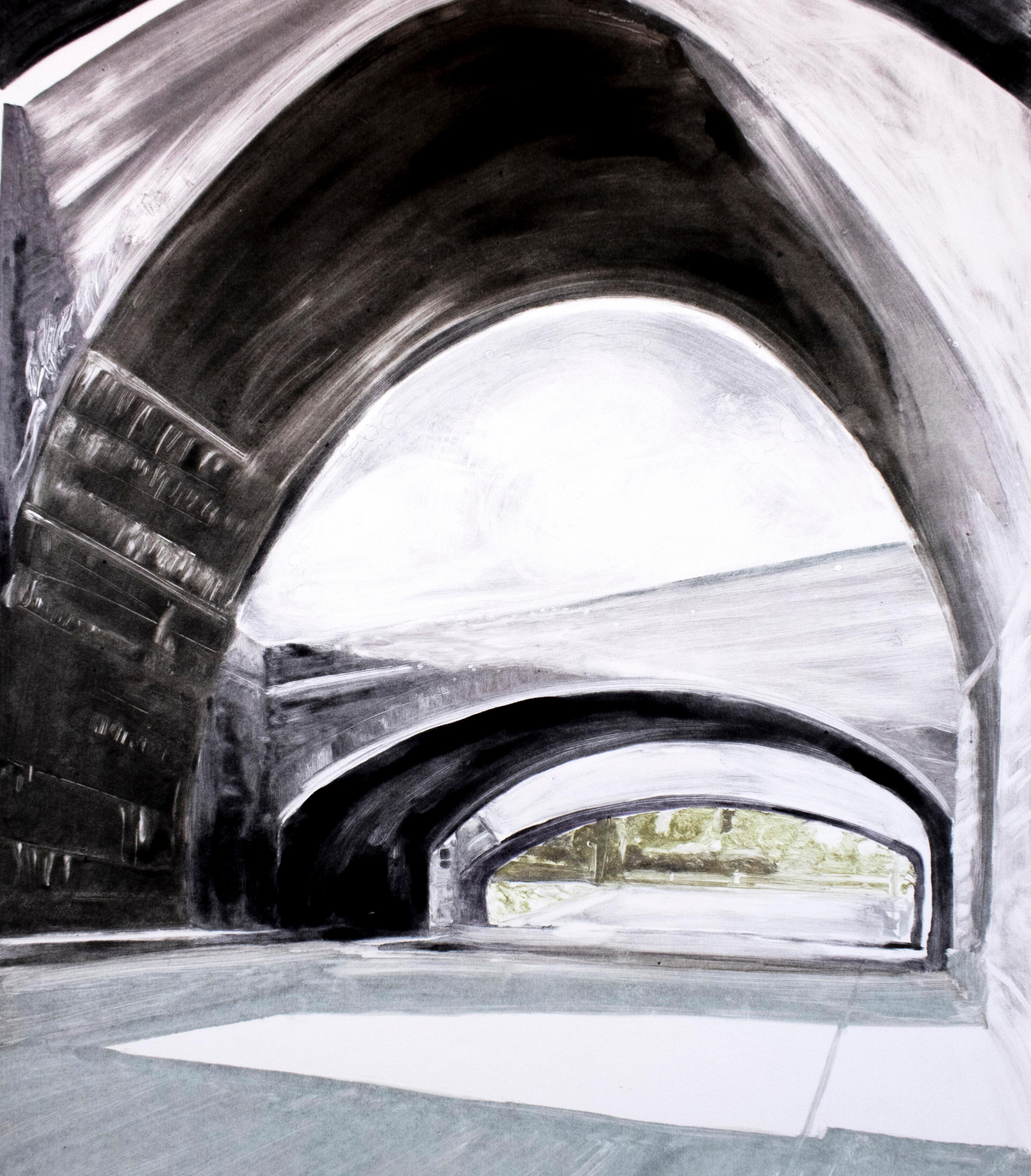 Michele Zalopany Landscape Print - Bridge: black and white minimalist architectural monotype painting 