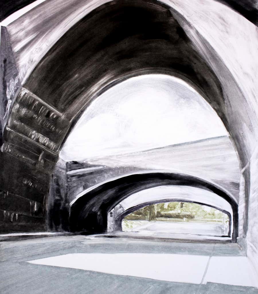 Bridge: black and white minimalist architectural monotype painting